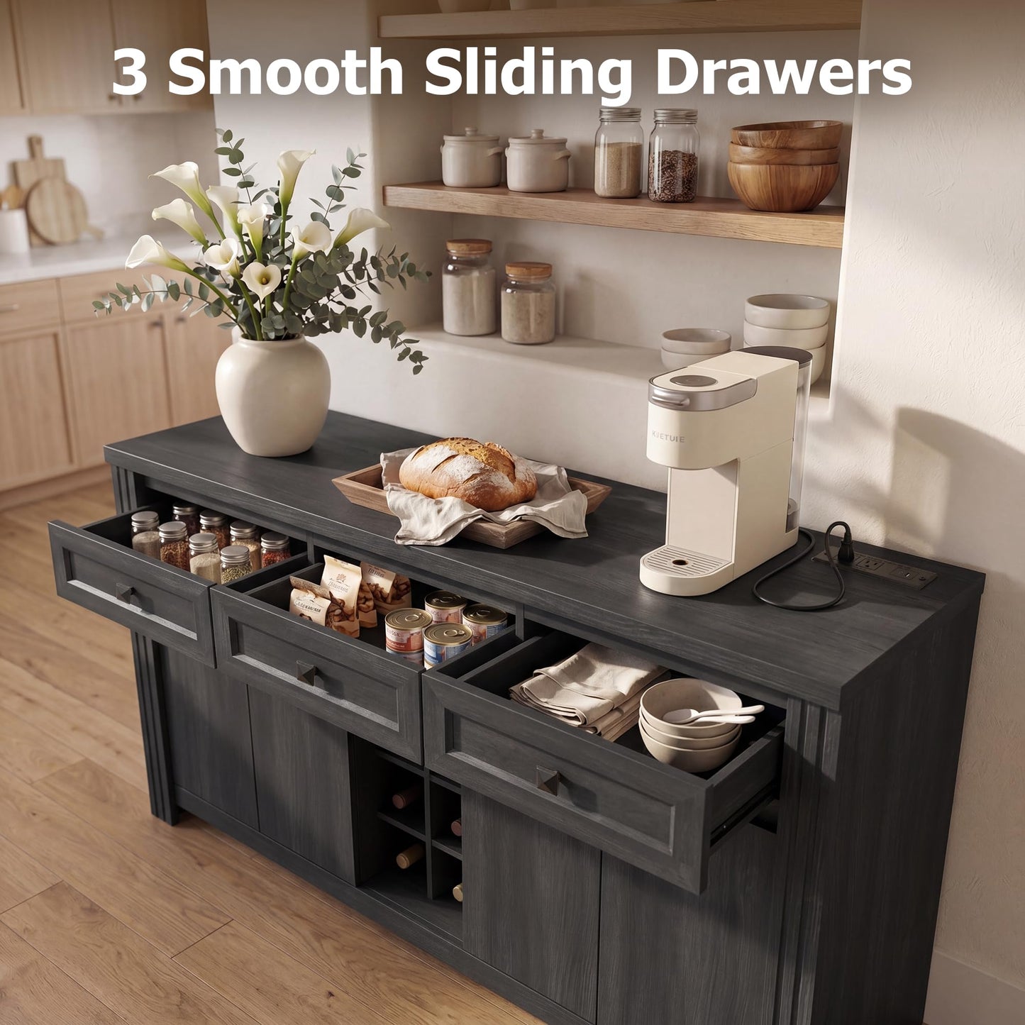 nesture. 55" Buffet Sideboard with Power Outlet, Farmhouse Wood Coffee Bar Cabinet with Wine Rack, Glass Holder, Ajustable Shelves for Kitchen, Black