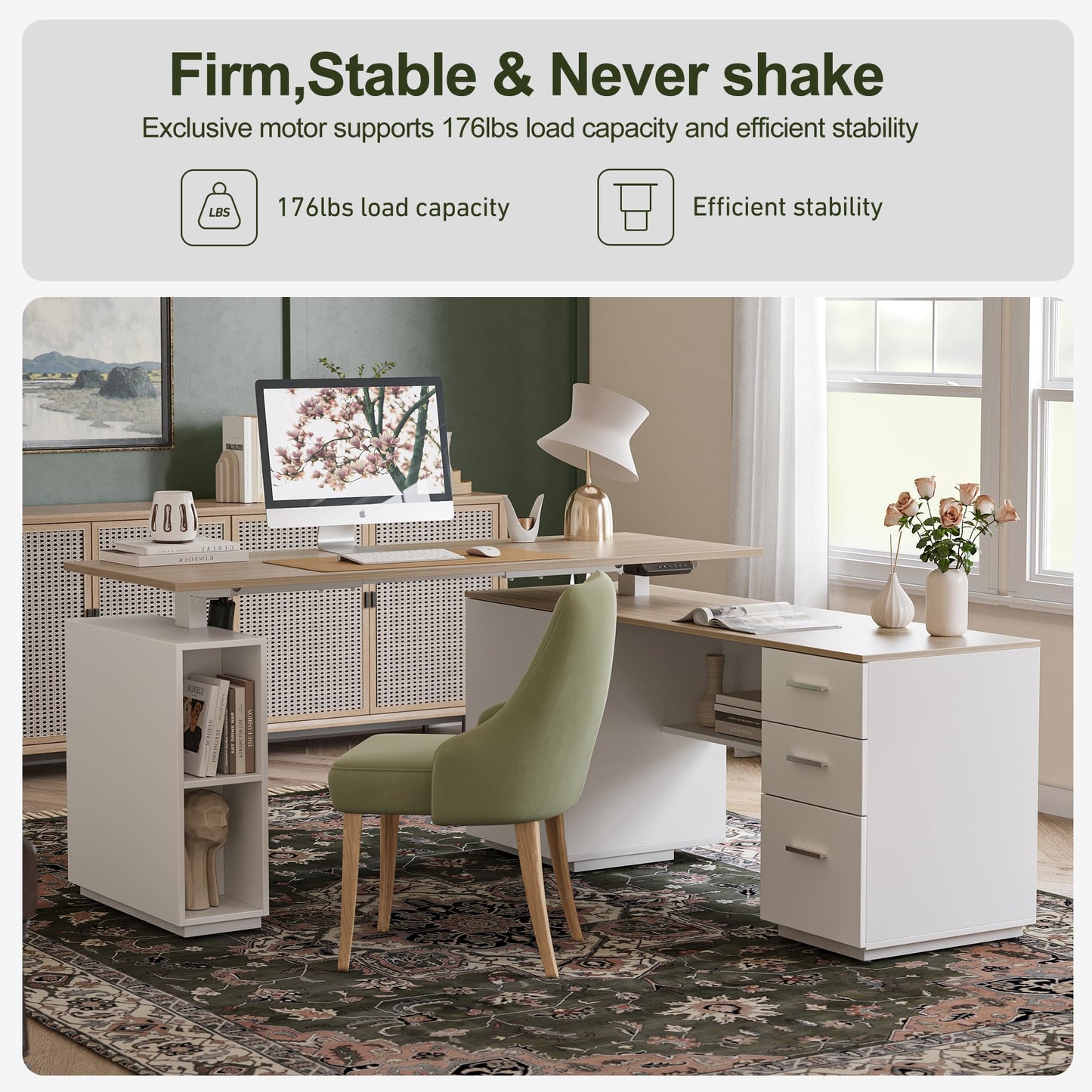 BANTI Executive L Shaped Standing Desk with 3-Drawer File Cabinet, 63" Electric Height Adjustable Stand up Desk for Home Office, Computer Desk with Storage Cabinets, Natural Top