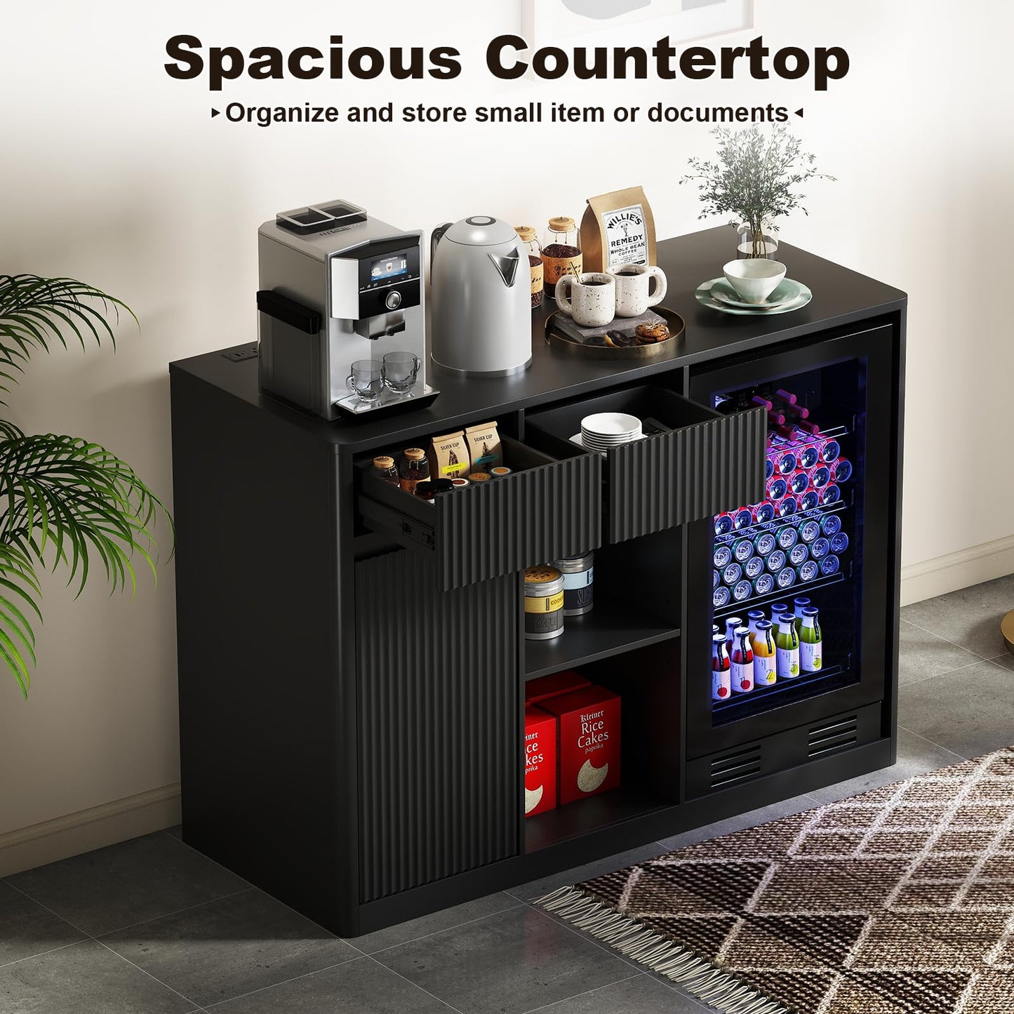 Zevemomo Large Coffee Bar Cabinet with Fridge Space, Fridge Cabinets with Fluted Door & Adjustable Shelves & Glass Rack, Wine Bar Buffet Sideboard Storage Cabinet for Living Room, Dining Room, Black