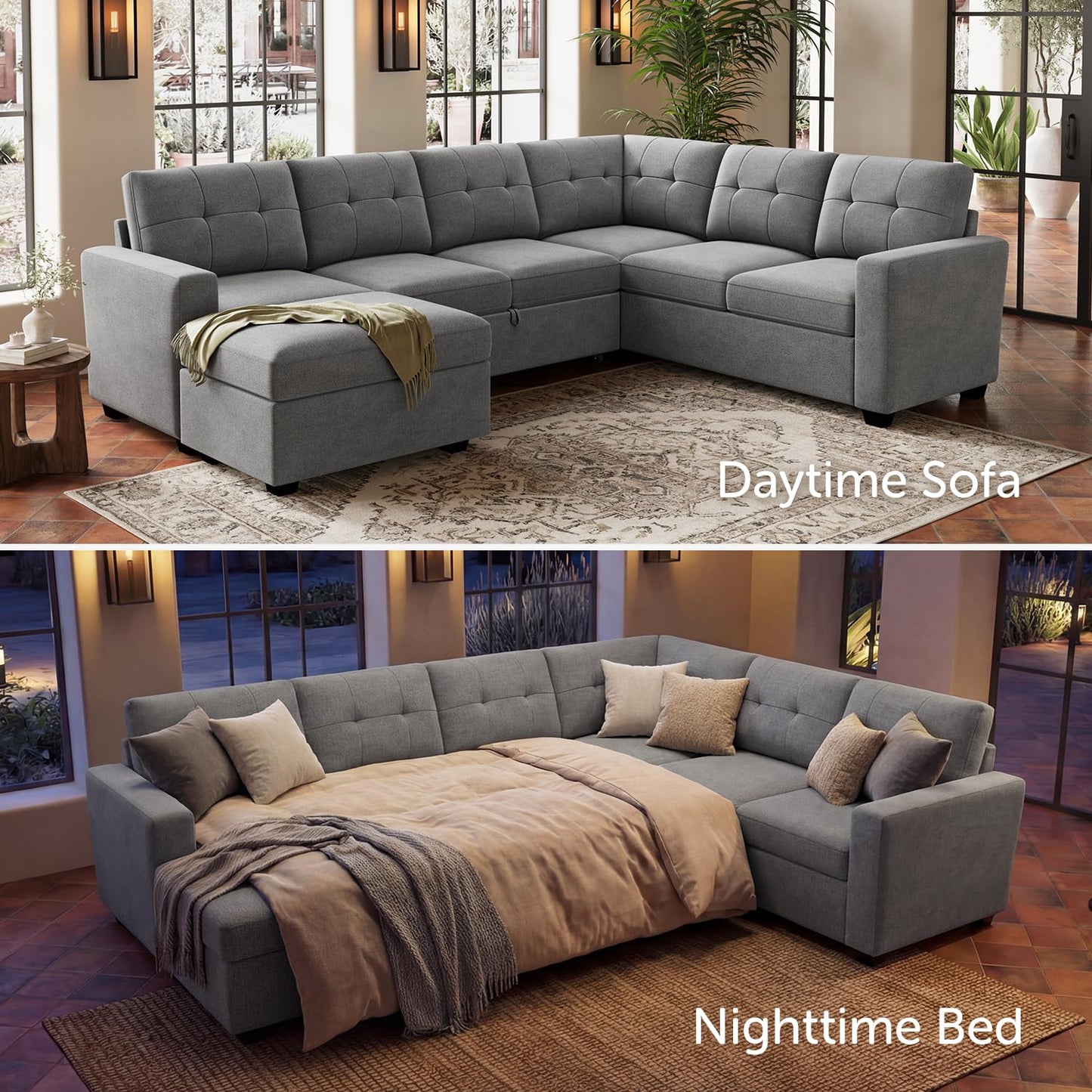 HONBAY 106.2 Inch U-Shaped Sectional Sleeper Sofa with Pull-Out Bed & Storage Ottoman, 7-Seater Sectional Sofa for Living Room, Pet-Resistant Fabric Couch, Grey