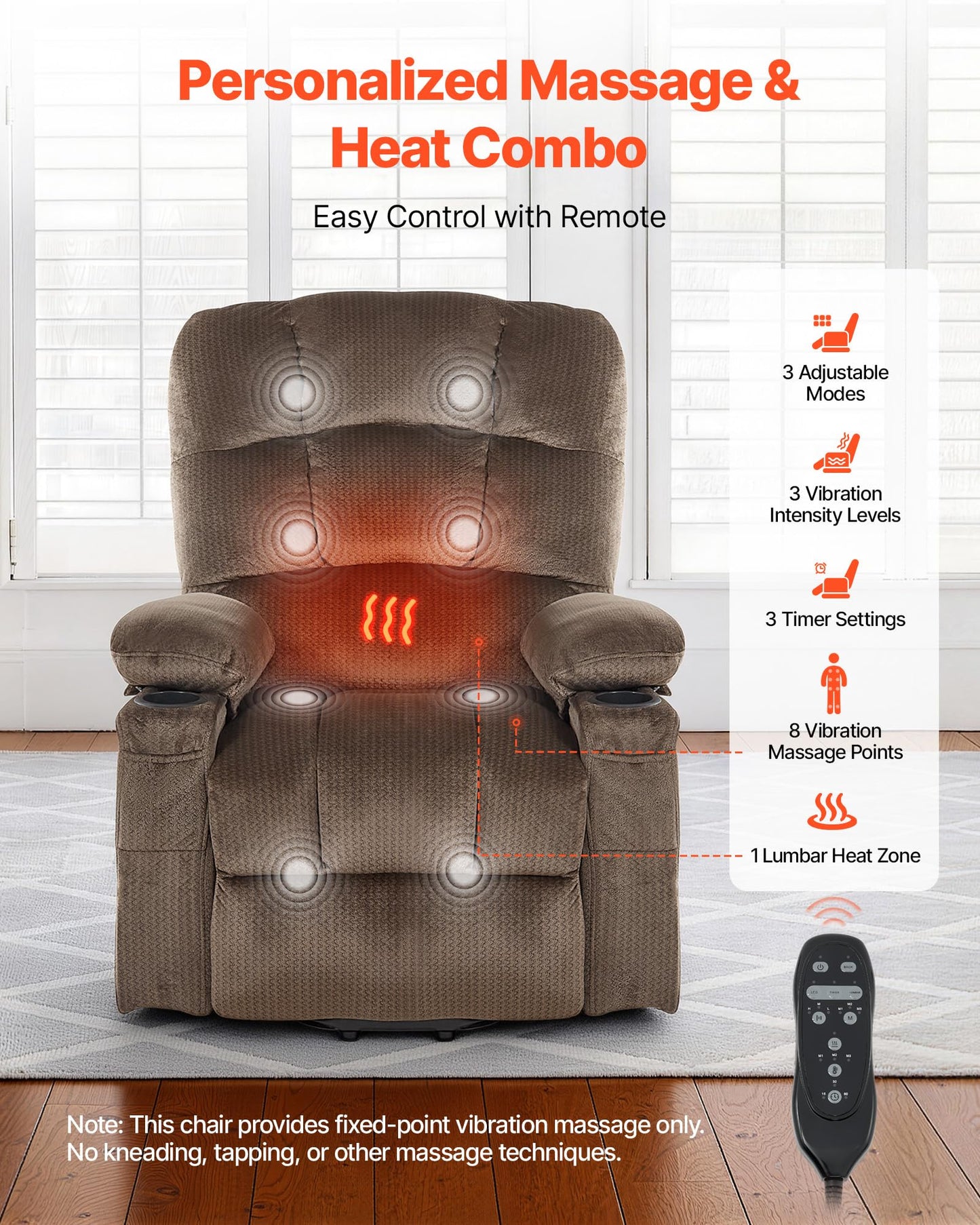 VEVOR Large Power Lift Recliner Chair, Dual Motor Lift Chair with Heat and Massage for Elderly, Position Adjustable with Side and Front Pockets, Cup Holders, Velvet Fabric, Brown