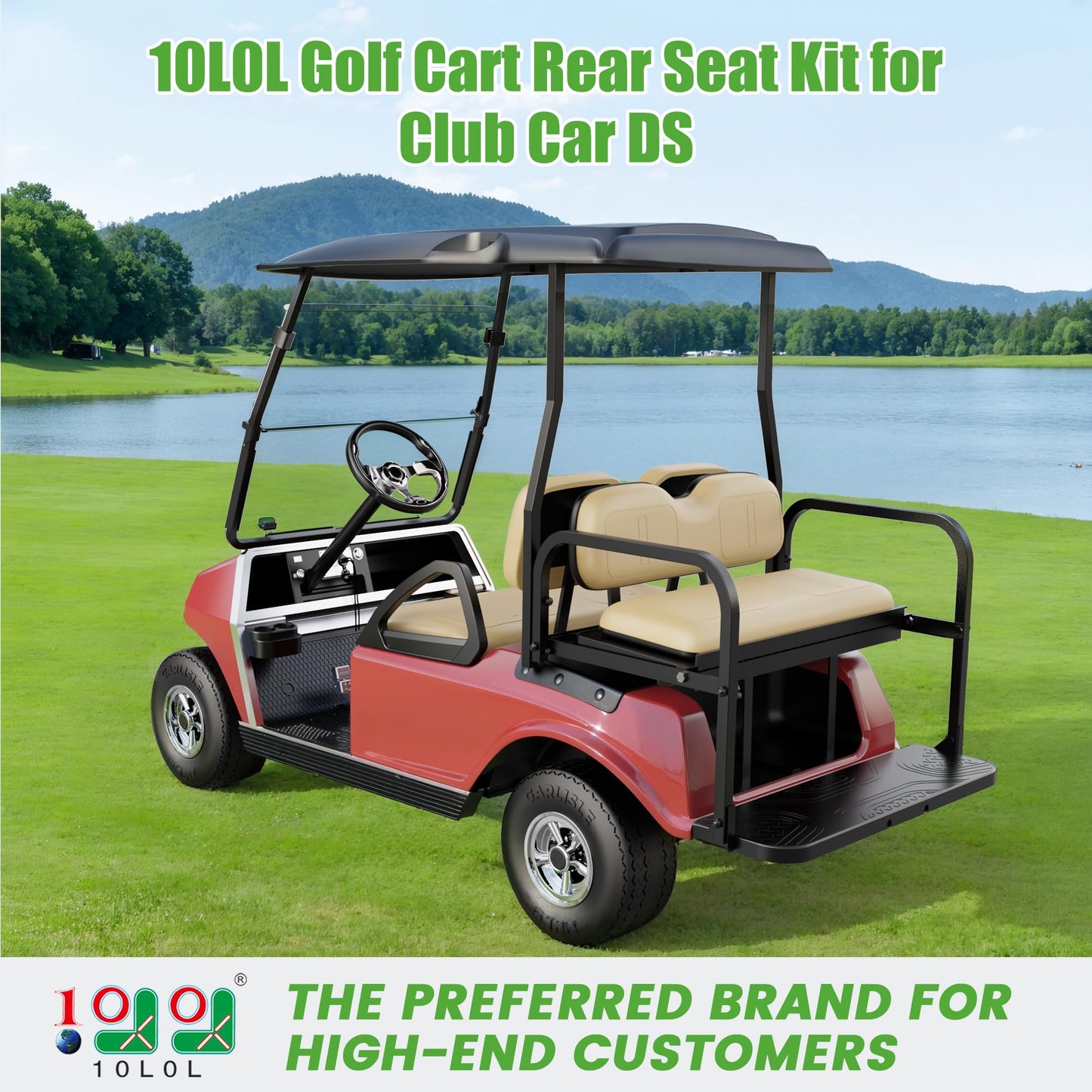 10L0L Golf Cart Rear Flip Seat for Club Car DS, Heavy-Duty Alloy Steel & PE Construction, No-Drill Installation, Non-Slip Pedals & Padded Backrest