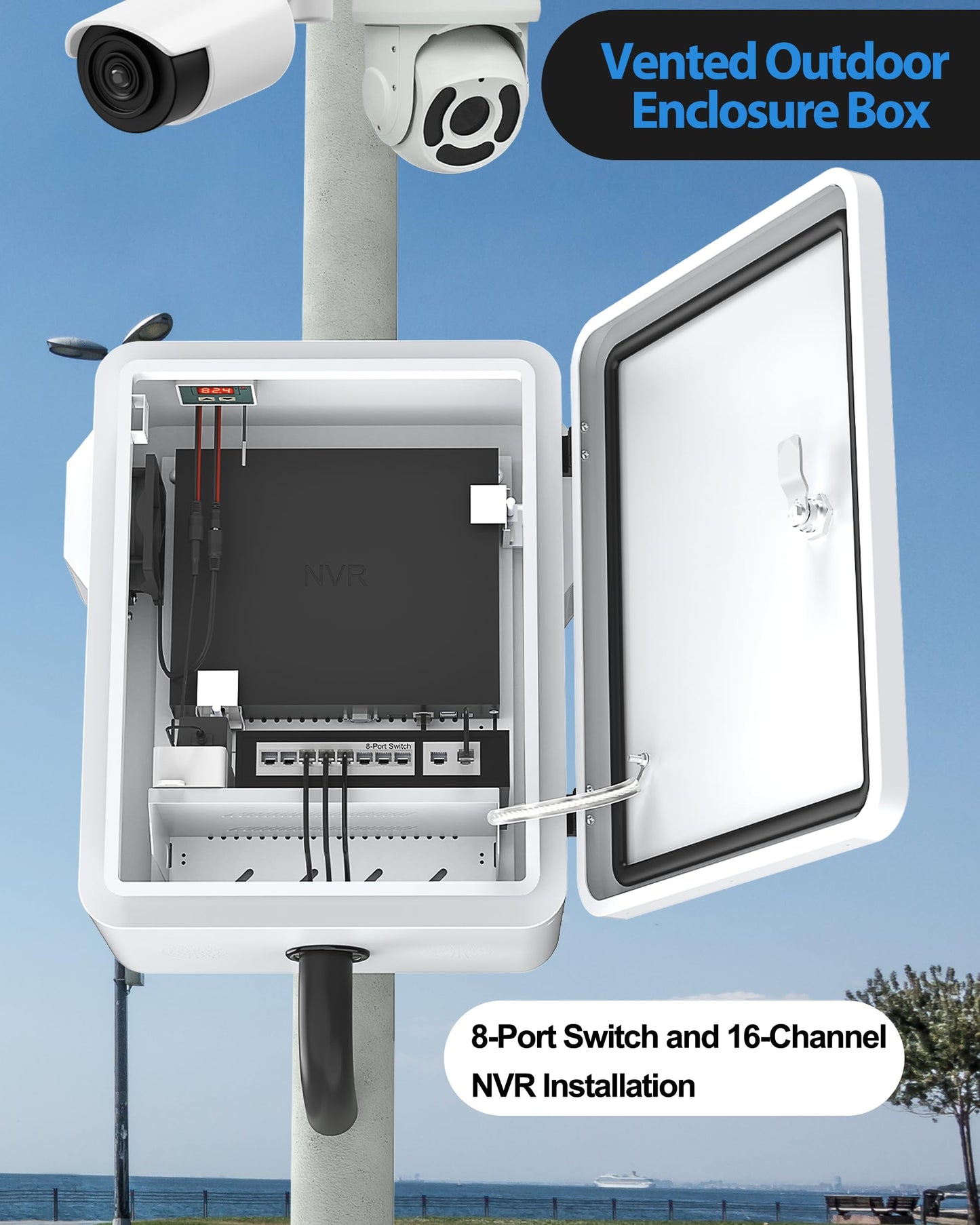 Akwscyby Outdoor Electrical Box with Thermostat and Fan, Precise Temperature Control 0.1°F, IP65 Water Resistant Rating, Galvanized Steel, Aluminum Rear Beam(17.7" x 13.8" x 7.9")