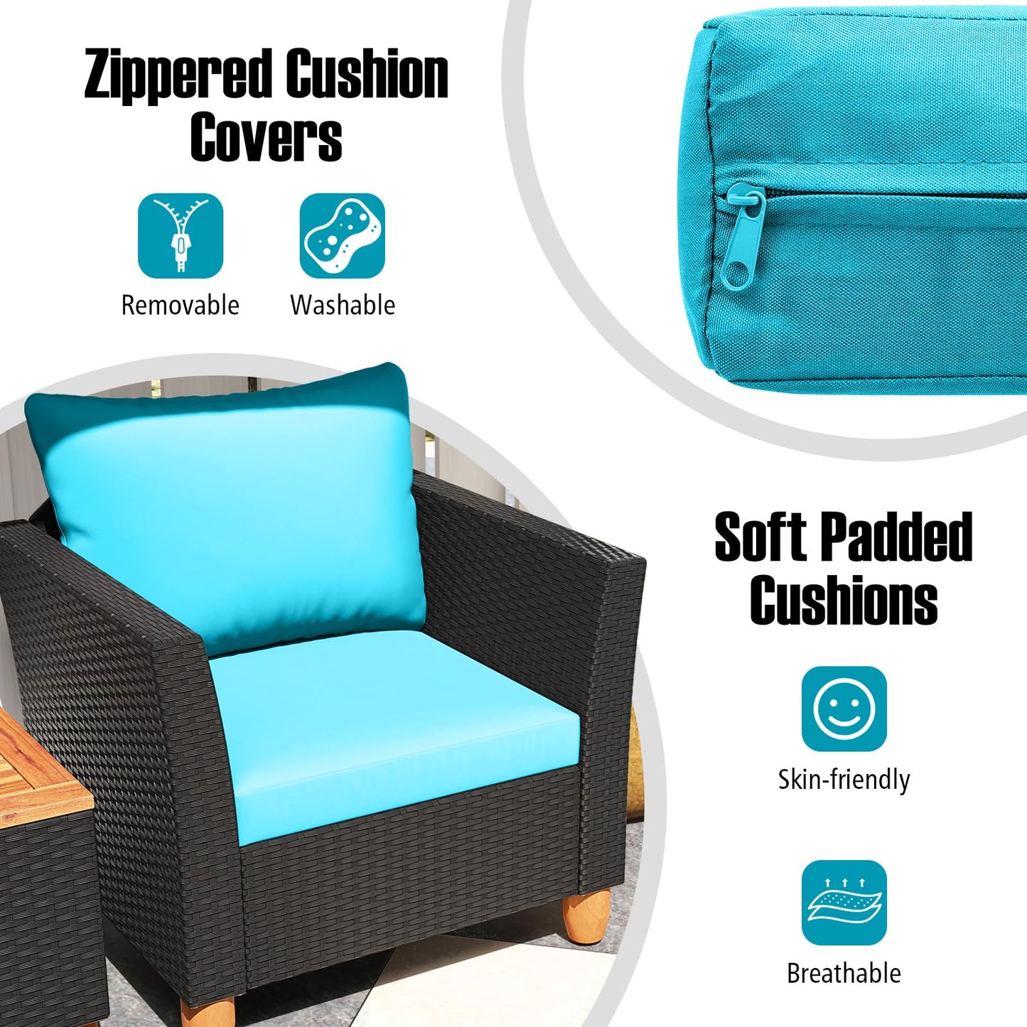 Tangkula 3 Pieces Patio Porch Furniture Set, PE Rattan Wicker Chair Conversation Set with Cushions and Storage Table, Outdoor Acacia Wood Bistro Set for Garden, Poolside (Turquoise)
