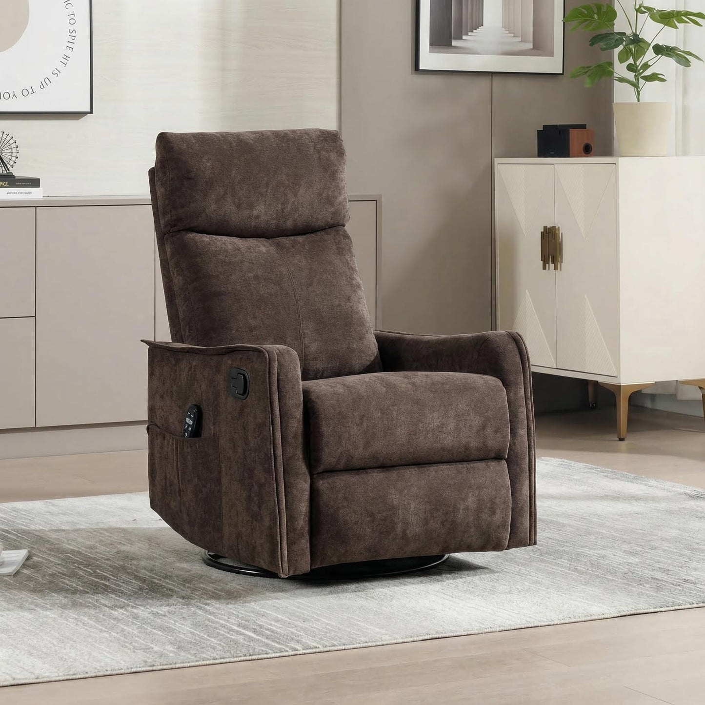 KEIKI 4-in-1 Manual Swivel Rocker Recliner Chair for Home Living Room, Polyester Chair with Back Massager & Heat, Home Theater Seating with Lumbar Support, Cozy Modern Style for Old Money, Brown