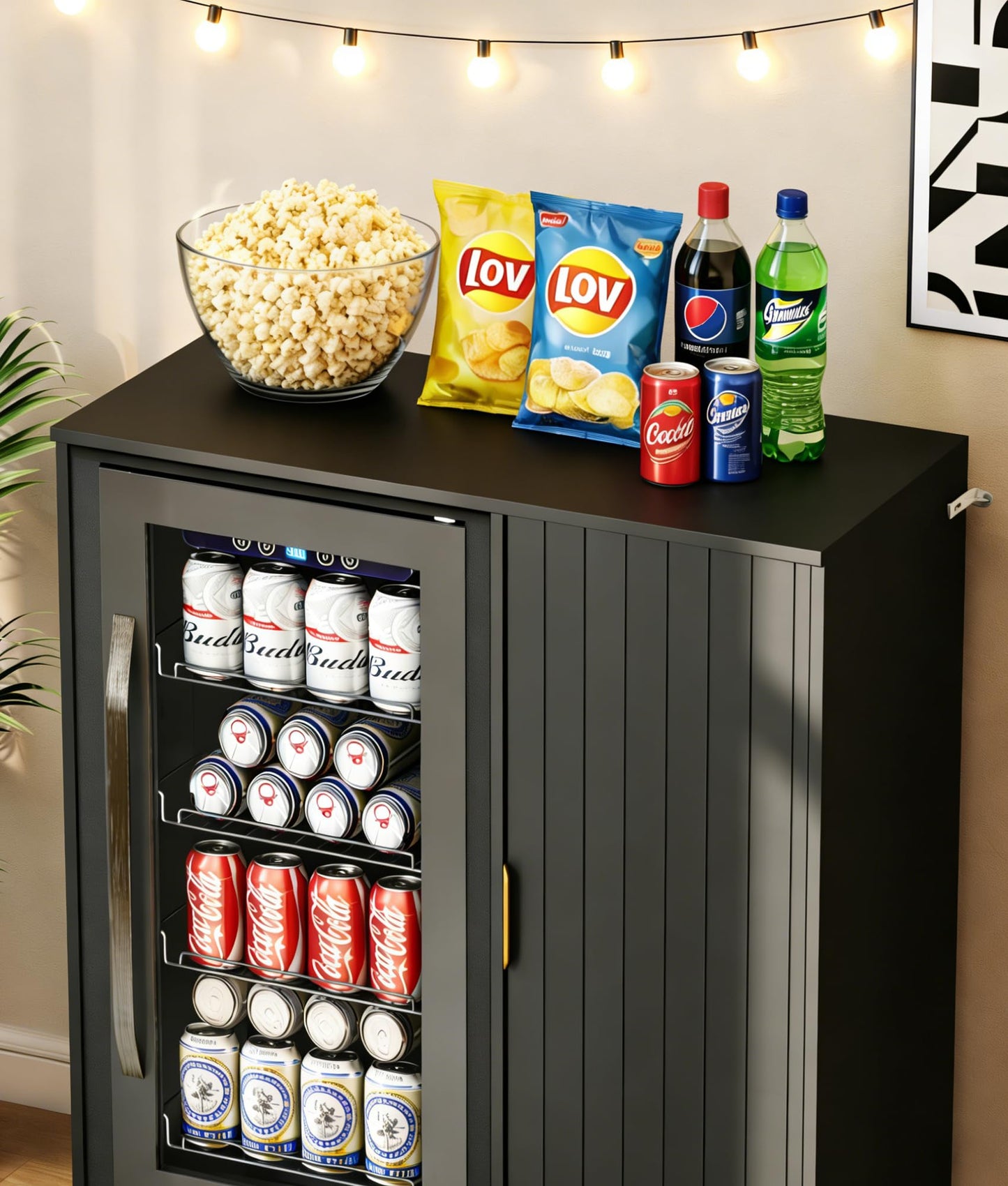 Lamtor Mini Fridge Cabinet with Storage - Snack Bar Cabinet with Power Outlet, Fluted Coffee Bar with Mini Fridge Space for Home Theater,Game Room,Living Room, Black