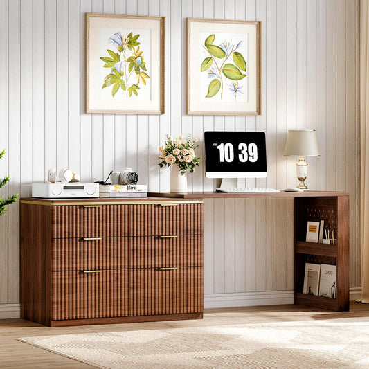 Ieejdn Computer Desk with 6 Drawers, 78" Modern Writing Desk with 0.98" Thickened Desktop & Storage Shelves, Adjustable direction & Extendable Executive Office Desk Study Table for Home Office, Walnut