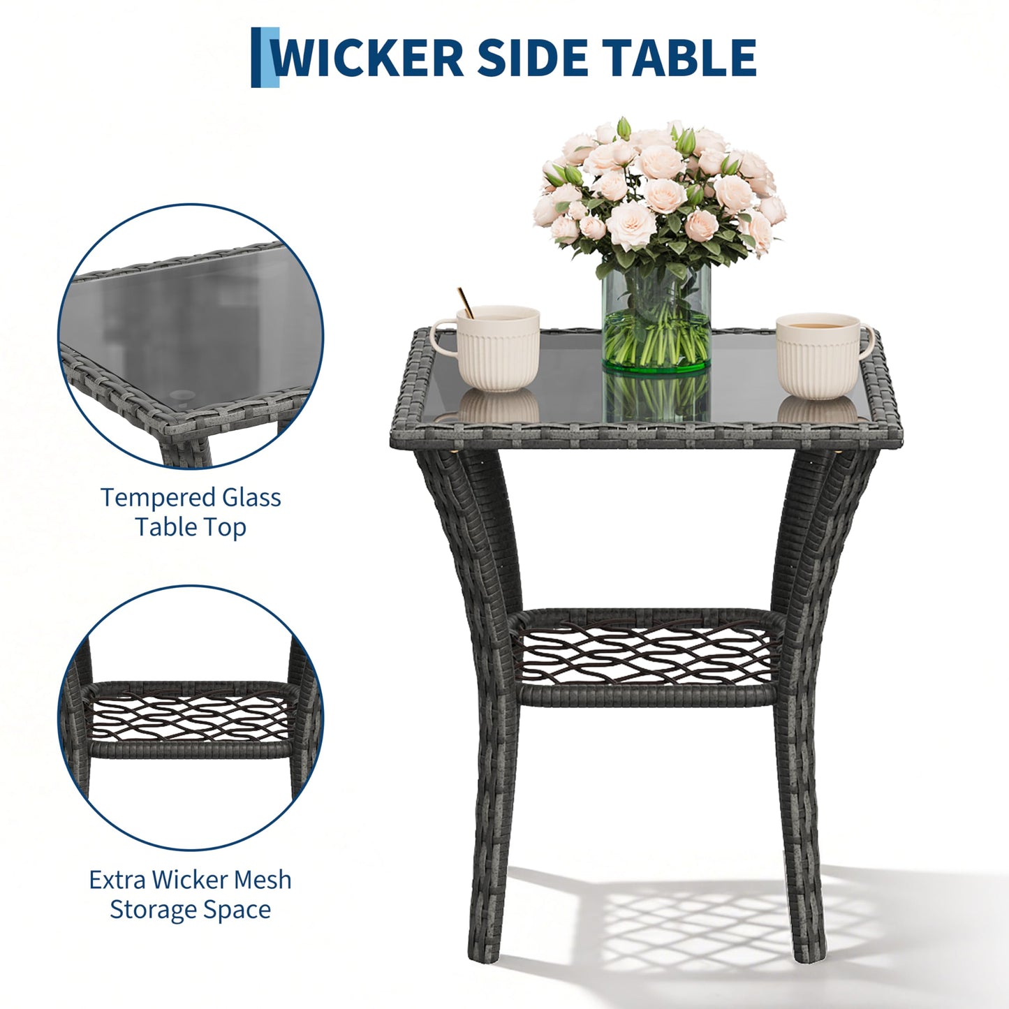 GarveeLife 3 Piece Swivel Wicker Patio Furniture Set, Outdoor Rattan Swivel Chairs with Side Table, All-Weather Conversation Set for Patio, Deck or Backyard, Gray Wicker with Blue Cushions