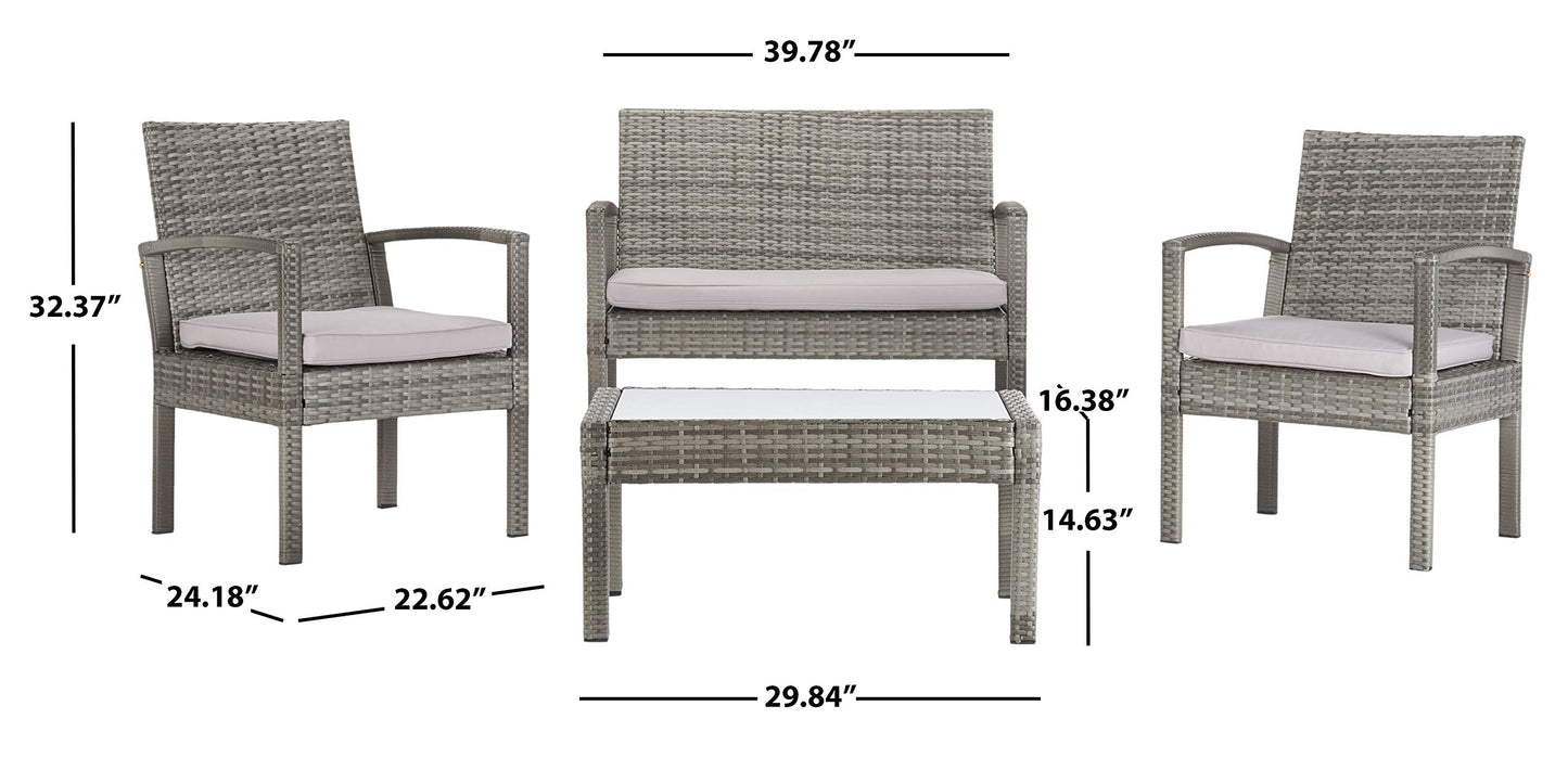 SAFAVIEH Outdoor - Bassey 4-Piece Conversation Set - Grey & Grey - Steel Frame with Cushion - Tropical Resort Woven Design with Glass Top Table - Ideal for Patio, Deck, Porch, Backyard (PAT7507B)