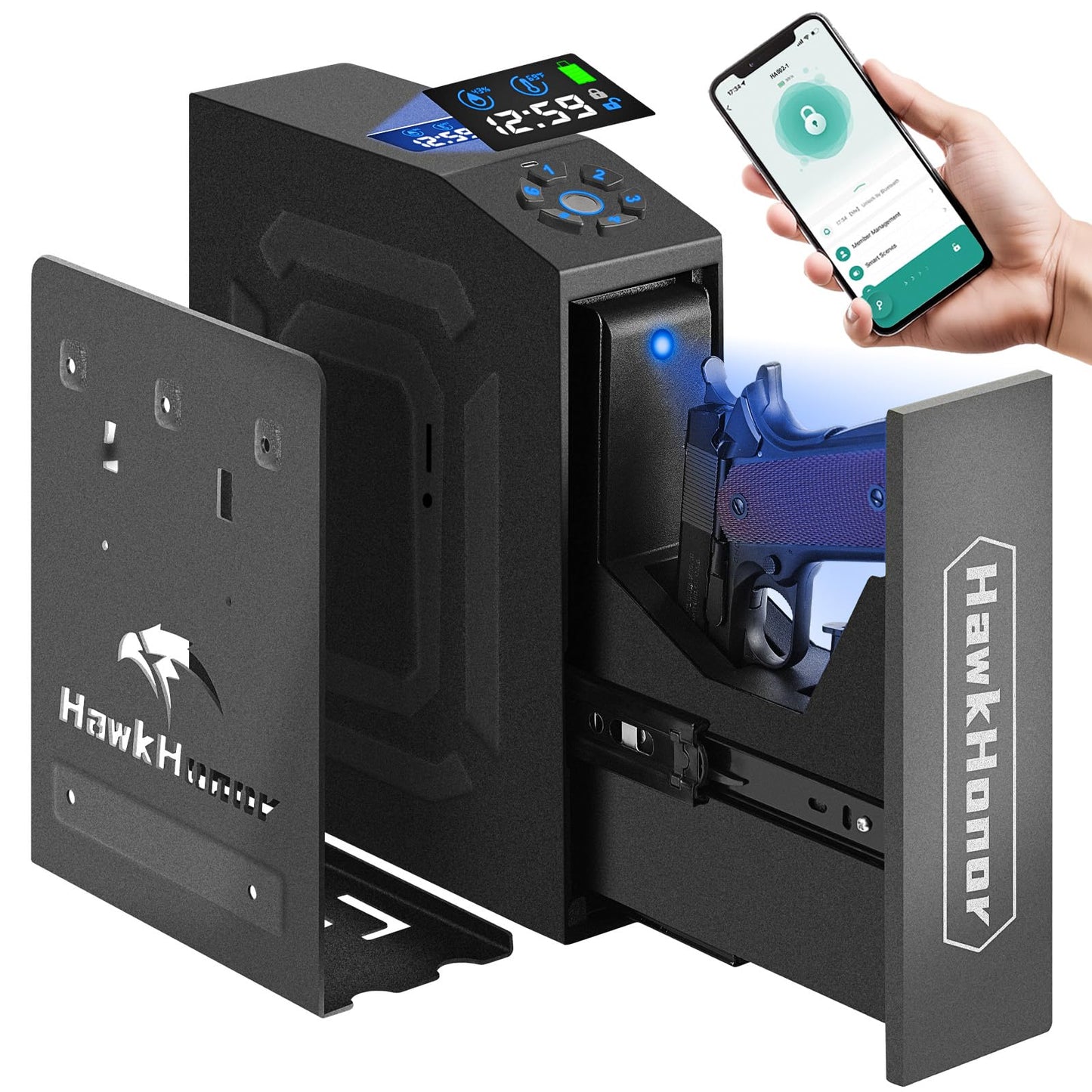 HAWKHONOR Smart Gun Safe for Handgun, Gun Case, Biometric Slider HandgunSafe for Nightstand, Bedside, Pistol Safe For Desk, Car, Truck - with Fingerprint, PIN Code, Key Access