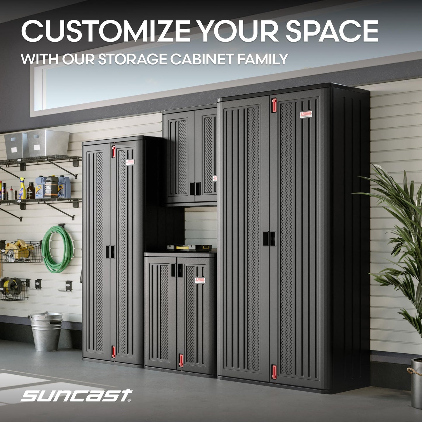 Suncast Heavy-Duty Resin Outdoor Storage Cabinet, 30" W x 20.25" D x 36" H Dark Grey Base Garage Storage Cabinet with Lockable Doors and Metal Reinforced Shelves, Made in the USA