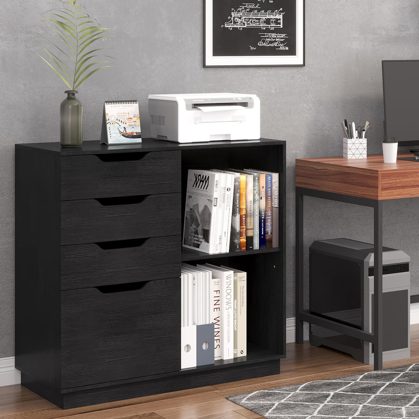 TQVAI 4 Drawer Filing Cabinet Organizer with 2 Open Shelves, Heavy Duty for Storing Letter A4 Size and Printer, Wood Lateral File Cabinets for Home Office, Hanging Files, Black, Easy Assembly