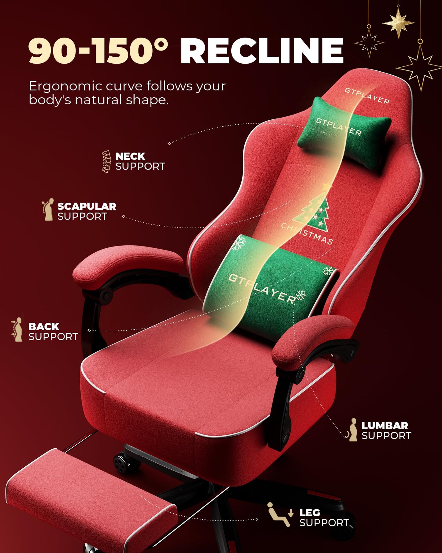 GTPLAYER Gaming Chair, Video Game Chairs with Footrest, PC Gamer Chairs for Adults - Padded High Back Ergonomic Reclining Silla Gamer, Linkage Armrest, Ace Pro, Christmas (Velvet)