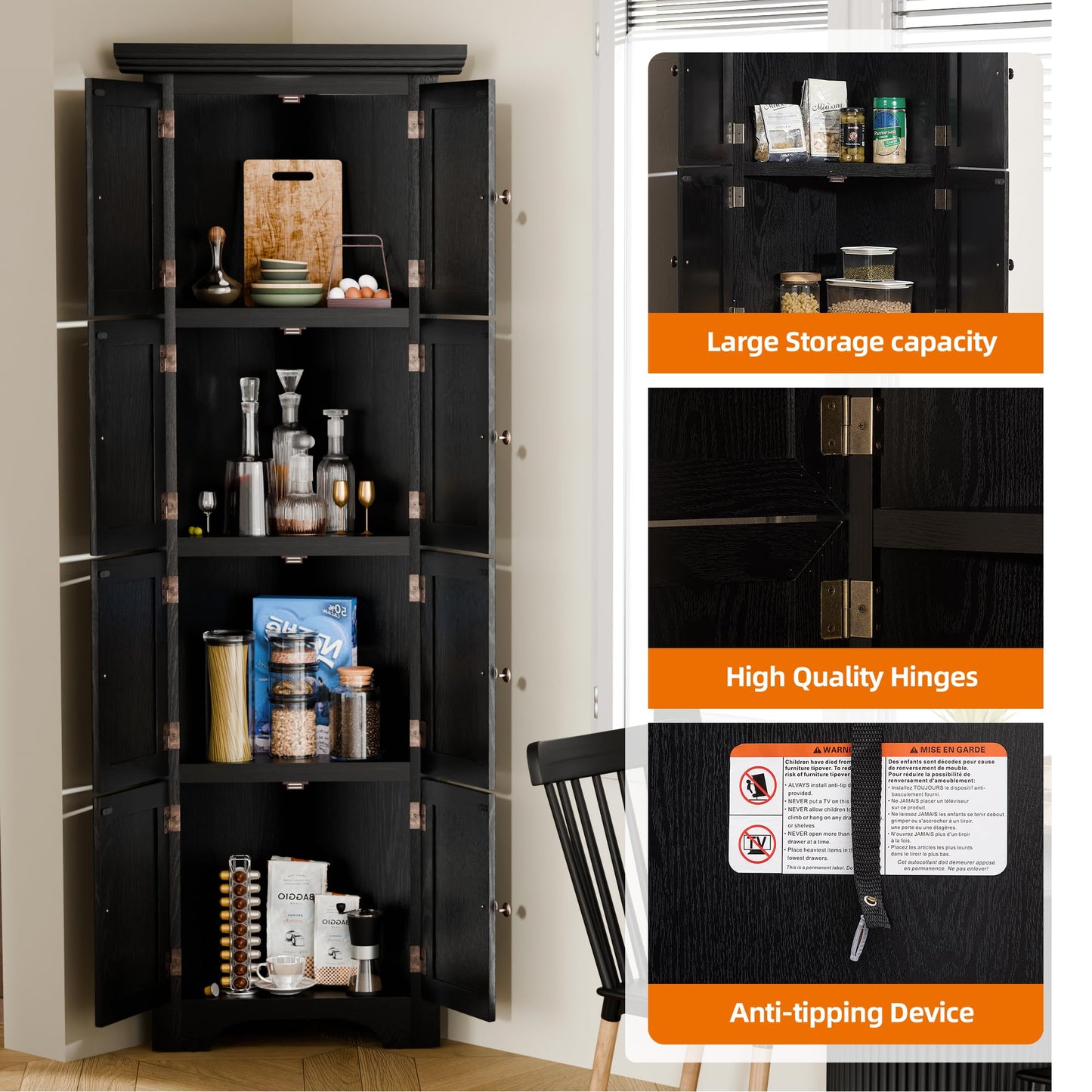 Trygoal 4 Tier Farmhouse Corner Storage Cabinet, 72" H Kitchen Pantry Cabinet with 8 Doors & 4 Shelves, Corner Storage Rack for Living Room, Kitchen, Office, Black