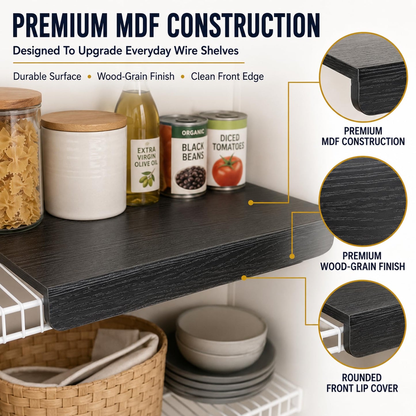 LstXyronica 36" x 12" Heavy Duty MDF Wood Shelf Liners 4 Pcs, Odor-Free Solid Panels, 0.6 Inch Thick Wire Rack Covers for Pantry, Closet & Garage Storage (Black)