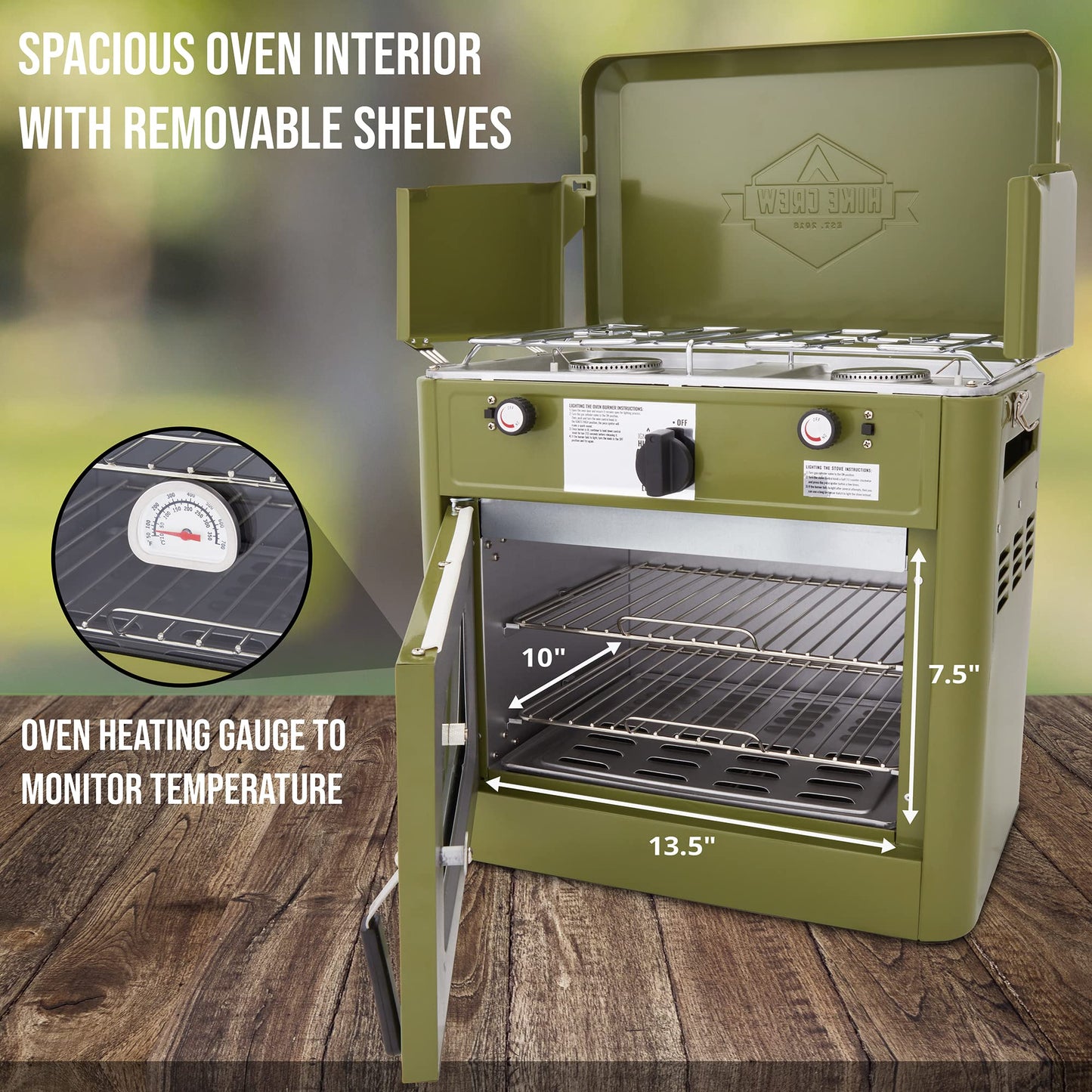 Hike Crew Outdoor Gas Camping Oven w/Carry Bag | CSA Approved Portable Propane-Powered 2-Burner Stove & Oven | Auto Ignition, Overheat Safety Shutoff, Built-In Thermometer | Hose & Regulator Included