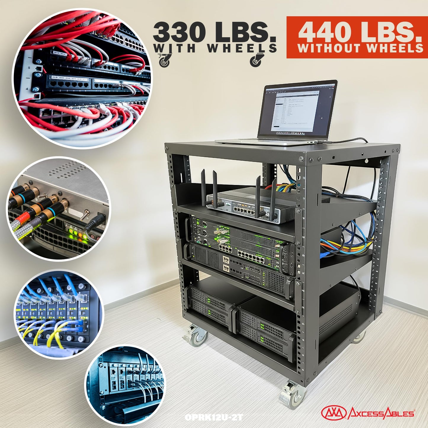 AxcessAbles 12U Open Frame Network & AV Rack with Caster Wheels, Two 2U Shelves, 10-32 & Cage Nut Compatible Rails, Cage Nuts, Screws, Cage Nut Tool & Wall Mount Kit | 19-Inch Rack