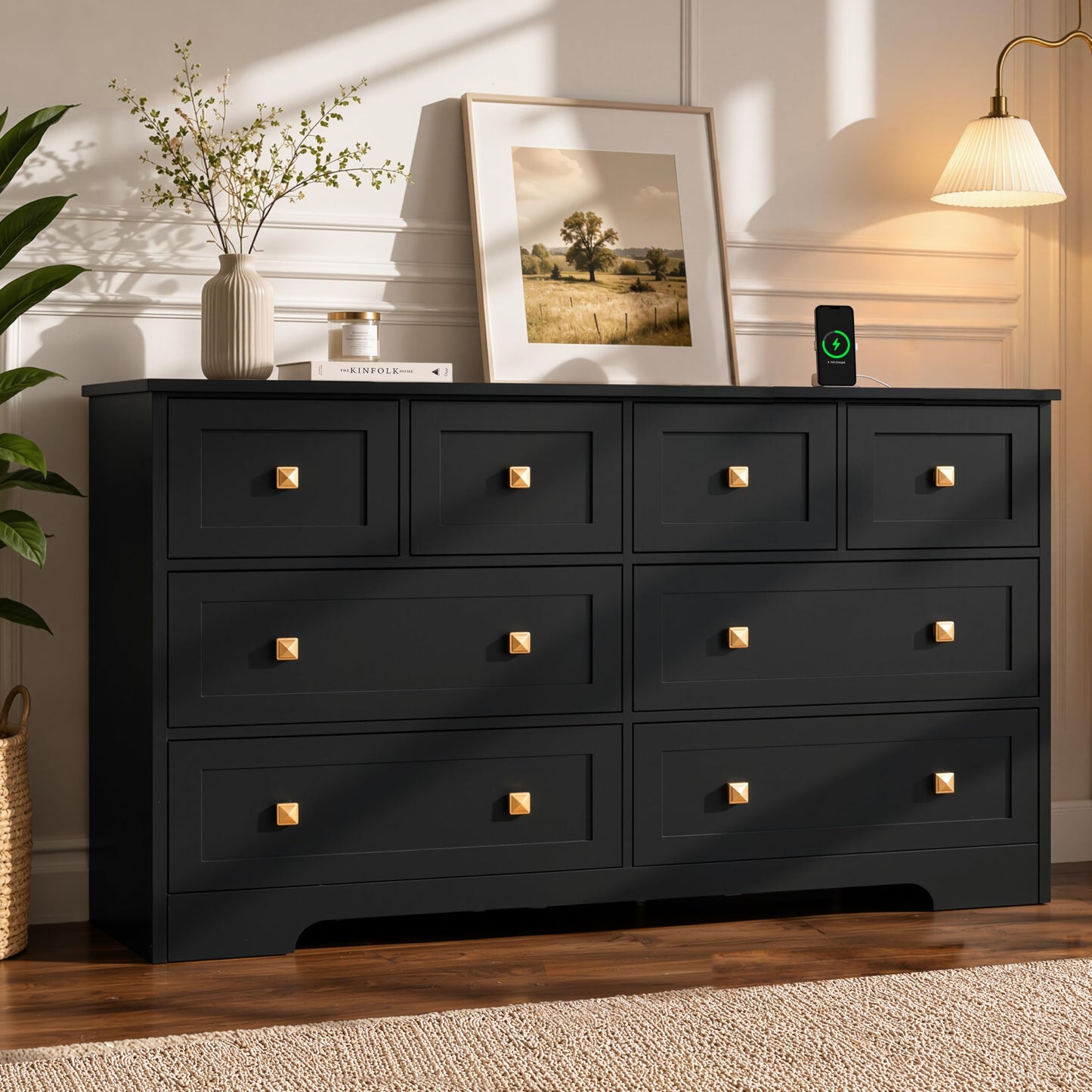 AXCIGOC 8 Drawer Dresser for Bedroom with Power Outlets Wide Chest of Drawers with Smooth Guide Rail Modern Wooden Dressers with Metal Handle Large Dresser Bedroom Living Room Hallway Closet Black