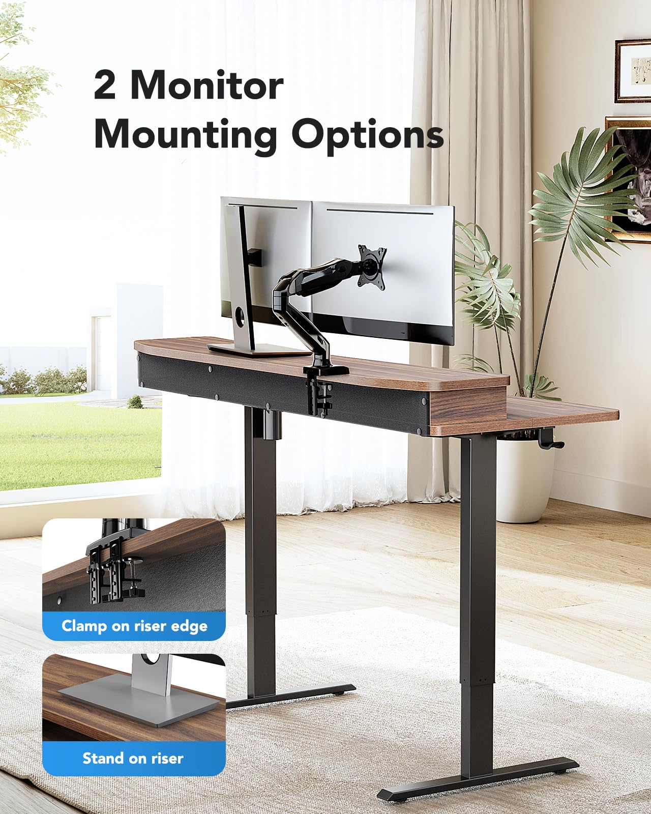 HUANUO 48″ x 24″ Electric Standing Desk with 2 Drawers, C-Clamp Mount Compatible, Height Adjustable Computer Desk, Home Office Stand Up Desk with 4 Preset Heights & 2 Hooks, Walnut