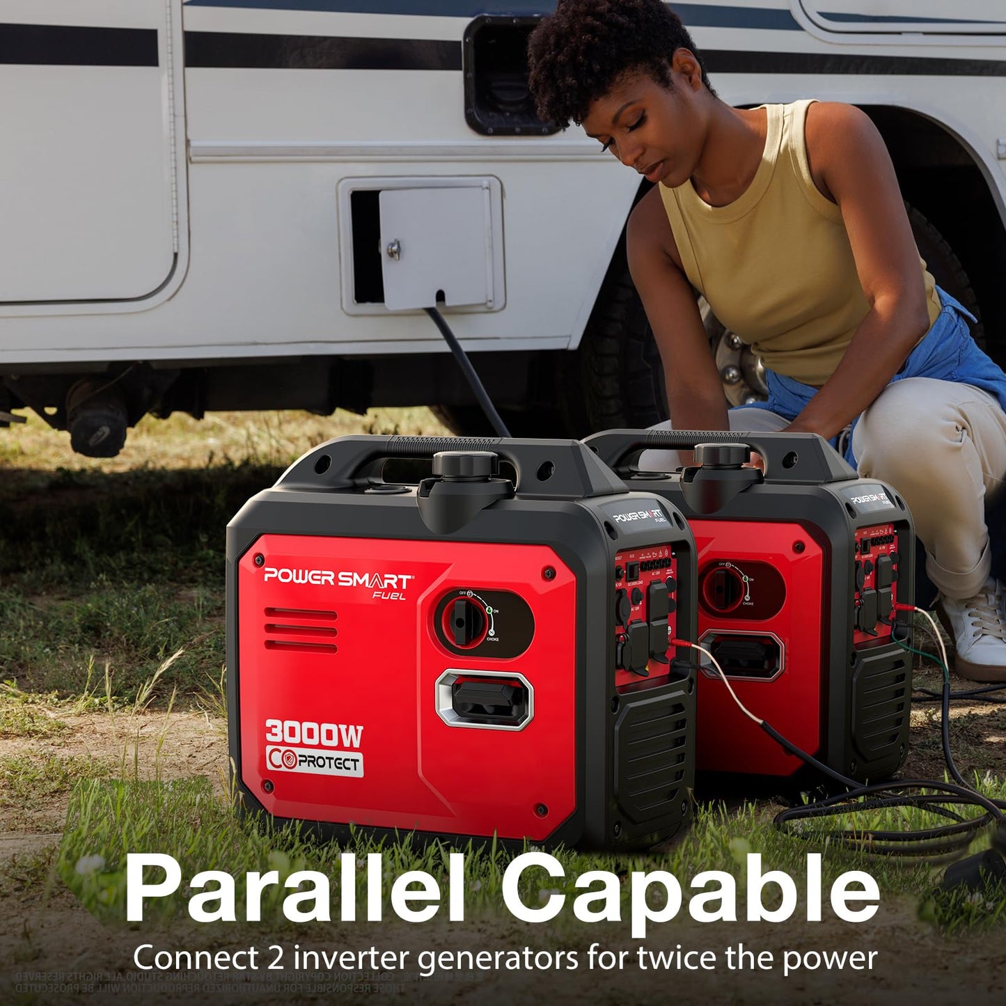 PowerSmart 3000W Portable Inverter Generator, Gas Powered with CO Alarm, Parallel Ready, 121.6cc 4-Stroke OHV Engine, Super Quiet for RV Camping and Home Emergency Backup