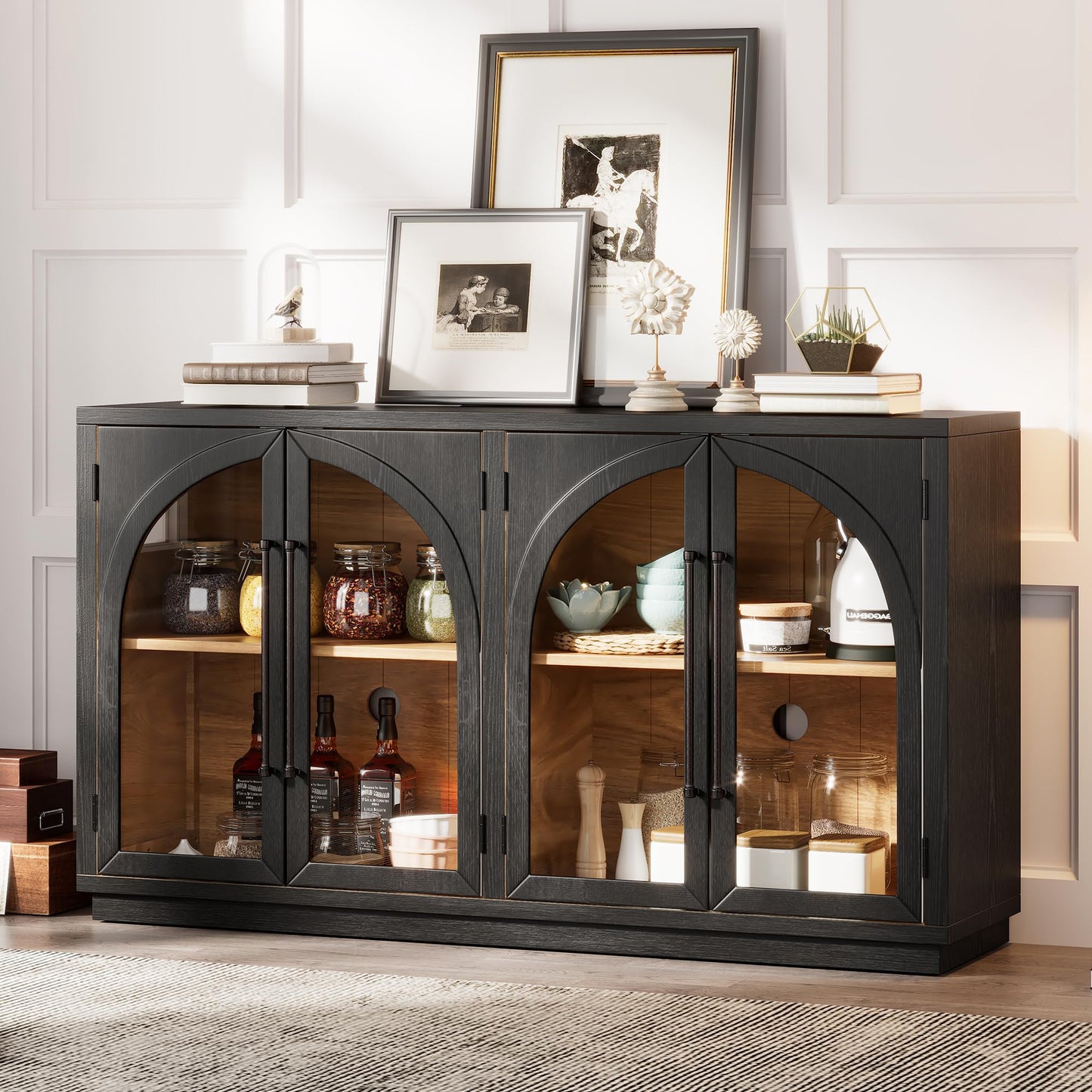 Merax Wood Farmhouse Buffet Sideboard with Adjustable Shelves and 4 Glass Doors, Coffee Bar Cabinet TV Stand for Living Room Bedroom Kitchen Black