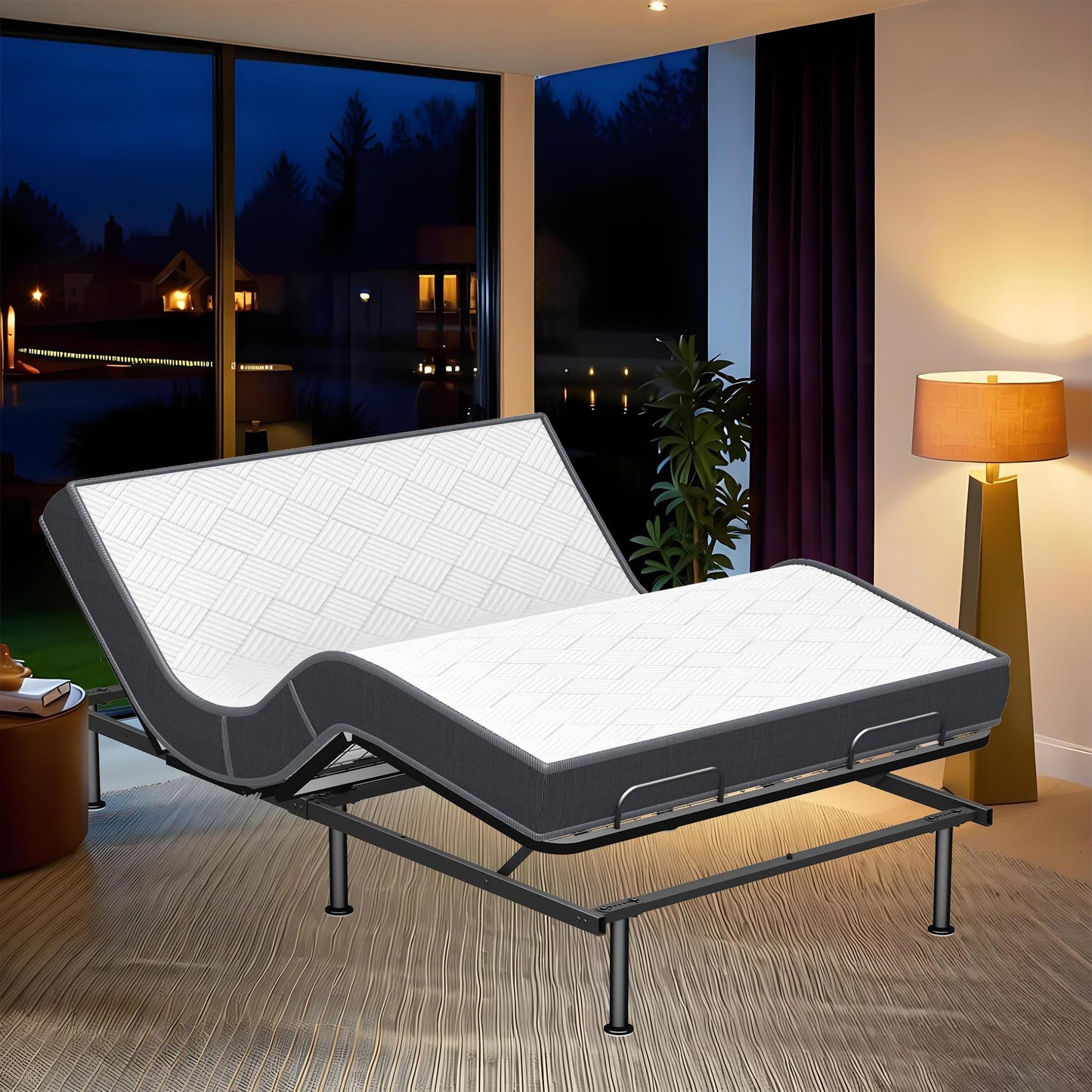 AESOROMO Full Size Adjustable Bed Frame with 5 Inch Foam Mattress Set Zero Gravity Electric Bed Head Foot Incline Leg Height Adjustable Anti-Snore