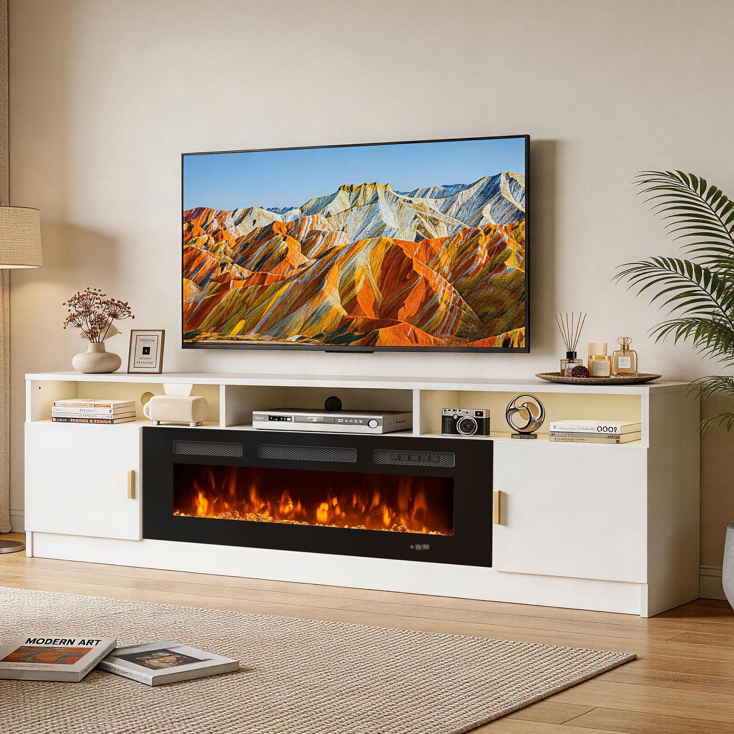 OneBlis 80" Fireplace TV Stand with Power Outlet, Electric Fireplace Entertainment Center with Storage Cabinets, Fits TVs up to 90", TV Console with LED Lights for Living Room, Office, White-Black