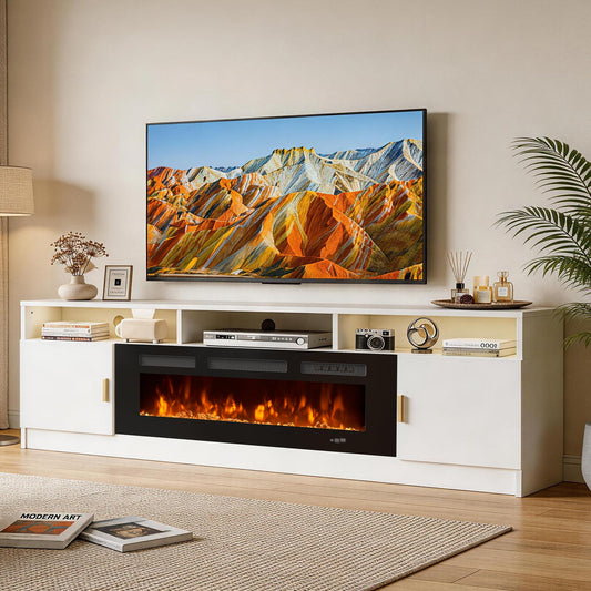 OneBlis 80" Fireplace TV Stand with Power Outlet, Electric Fireplace Entertainment Center with Storage Cabinets, Fits TVs up to 90", TV Console with LED Lights for Living Room, Office, White-Black