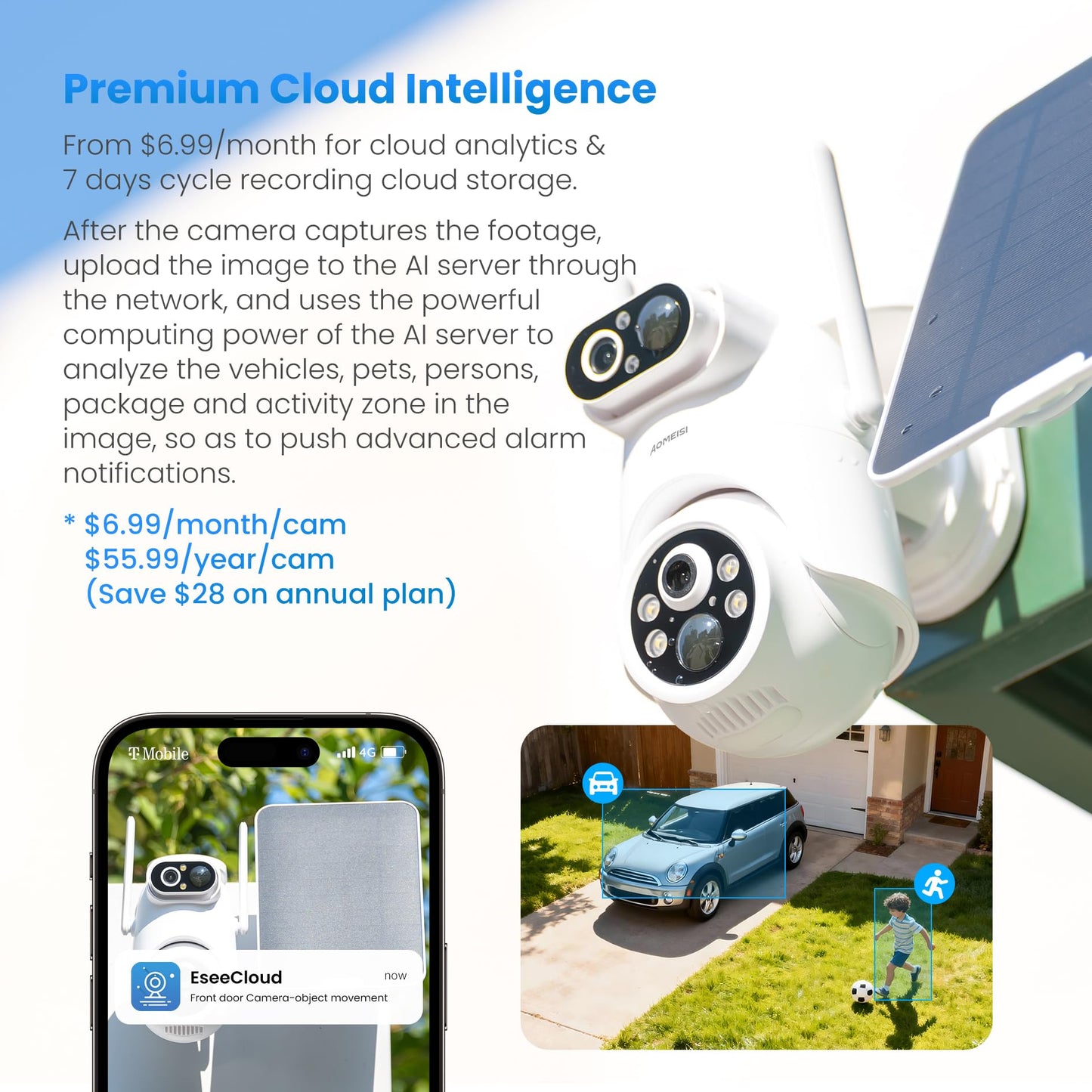 Eseecloud 4-Cam Kit, Dual Lens Solar Security Camera Wireless Outdoor System,10CH NVR with 500GB HDD, Color Night Vision, 5GHz Wi-Fi, Two Way Audio, Easy to Setup, Strobe Siren, 180 Days Care Plan