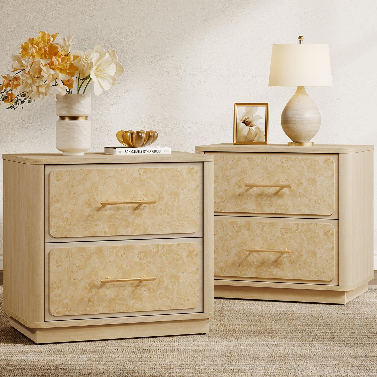 SICOTAS Nightstands Set of 2 with 2 Deep Drawers & Rounded Corners 24.8" Wide Modern Burl Wooden Night Stand Large Sturdy Bedside Table Easy Assembly End Tables for Bedroom Sofa Office