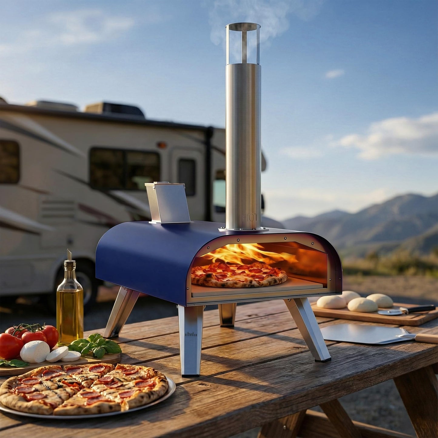 BIG HORN 12" Multi-Fuel Outdoor Pizza Oven Reach up to 1110℉– 3-in-1 Wood,Gas &Electric Compatible(Burners Sold Separately),Pellet Pizza Oven Portable Pizza Maker for Backyard, Camping&Tailgating,Blue