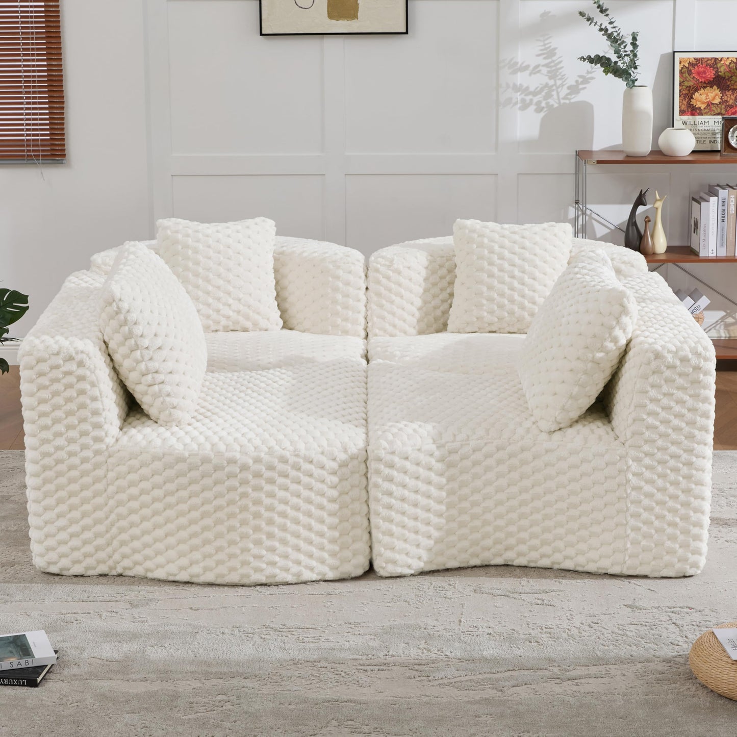 Merax 138" Curved Modular Sectional Sofa Set, Compressed 4 Seat Bubble-Velvet Boneless Sectional Couch Sofa with Deep Seat & Pillow, Comfy Cloud Soft Couches for Living Room, Easy Assembly, White