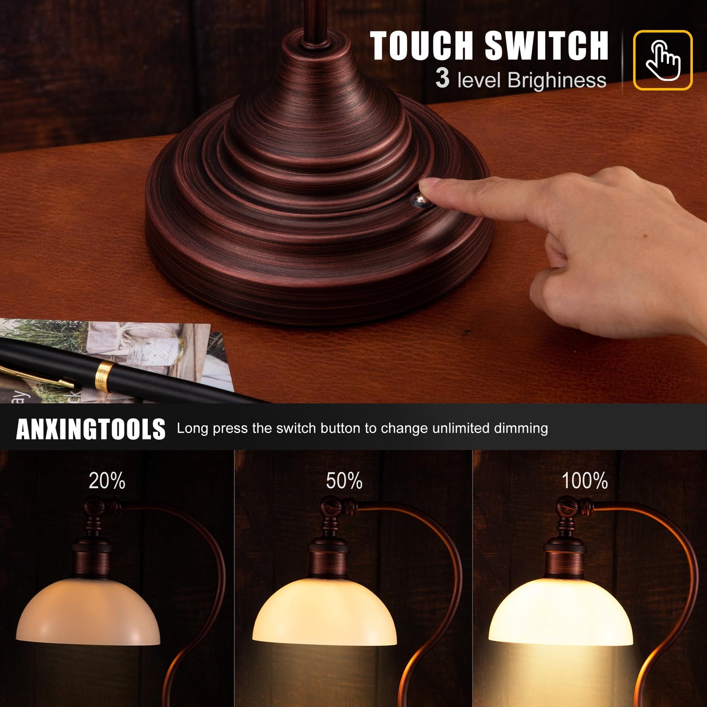 Anxingtools Cordless LED Table Lamp, Rechargeable, 3-Level Dimming, USB-C Charging, 180? Swivel Head, Oil Rubbed Bronze-White Glass