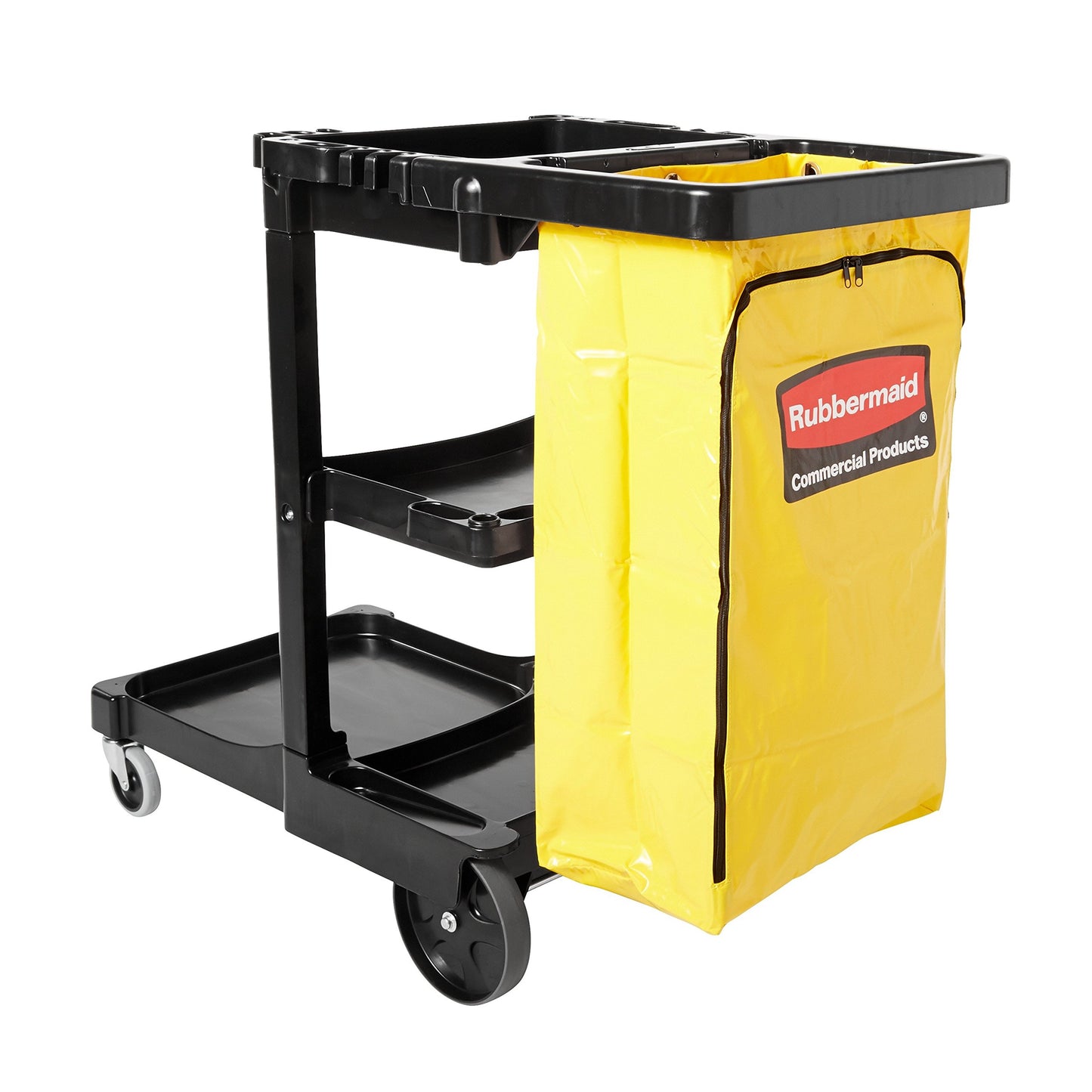 Rubbermaid Commercial Traditional Janitorial 3-Shelf Cleaning Cart, Wheeled with Zippered Yellow Vinyl Bag, for Business/School/Office/Janatorial Cleaning