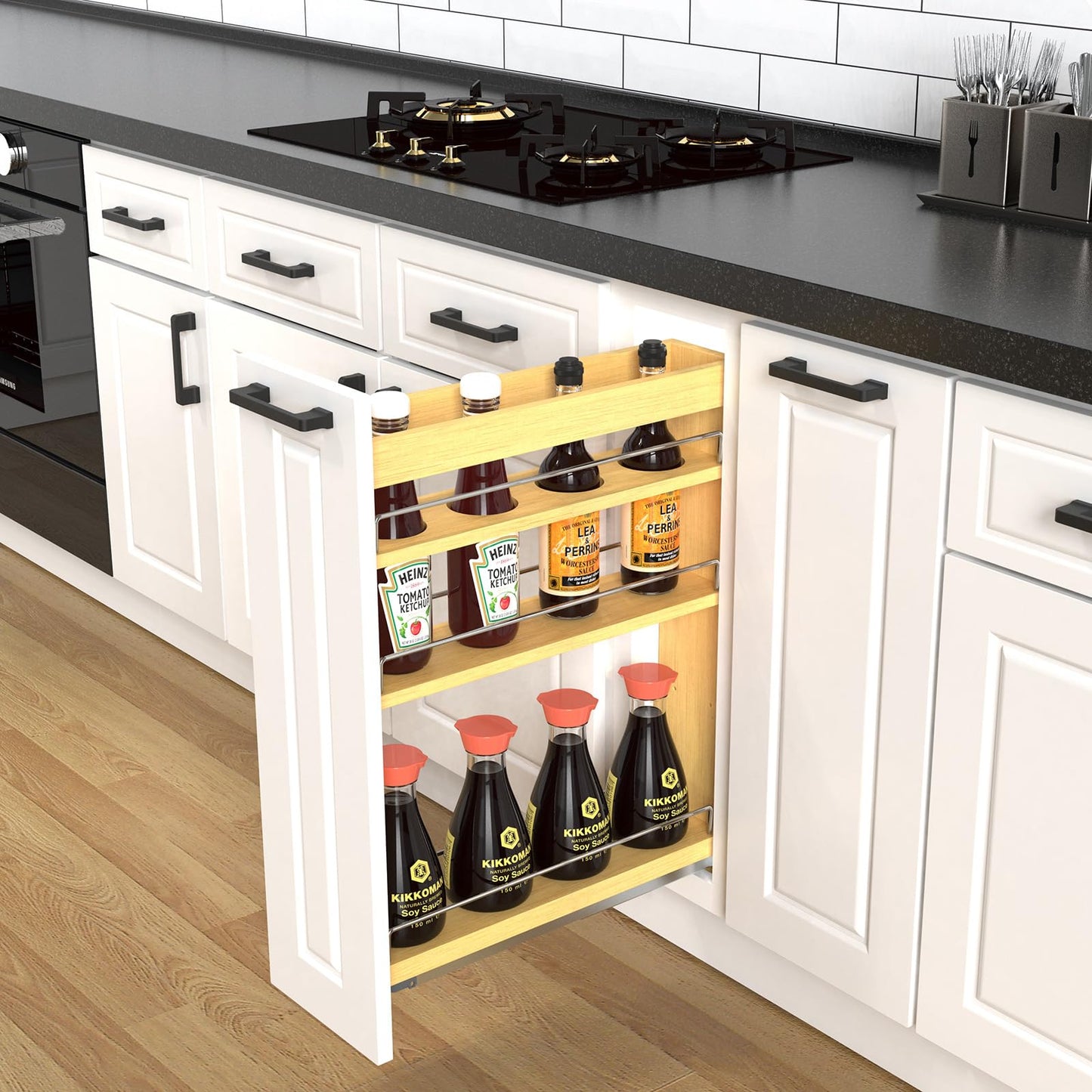 Pull Out Cabinet Organizer 5" Soft-Close Wood Pullout Shelf Organizer for Utilities Kitchen and Bathroom Base Cabinets, Slide Out Spice Rack