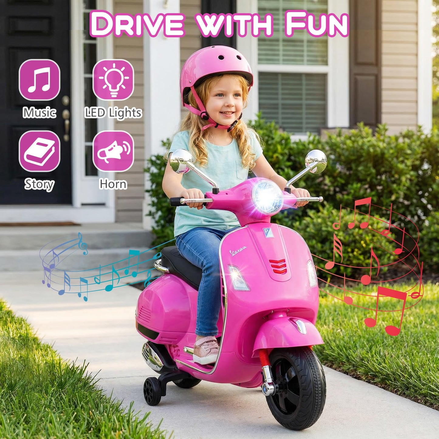 Licensed Vespa 12V Kids Motorcycle by INFANS with Training Wheels, Music, Story, Horn, Lights for 3-6 Years (Pink)
