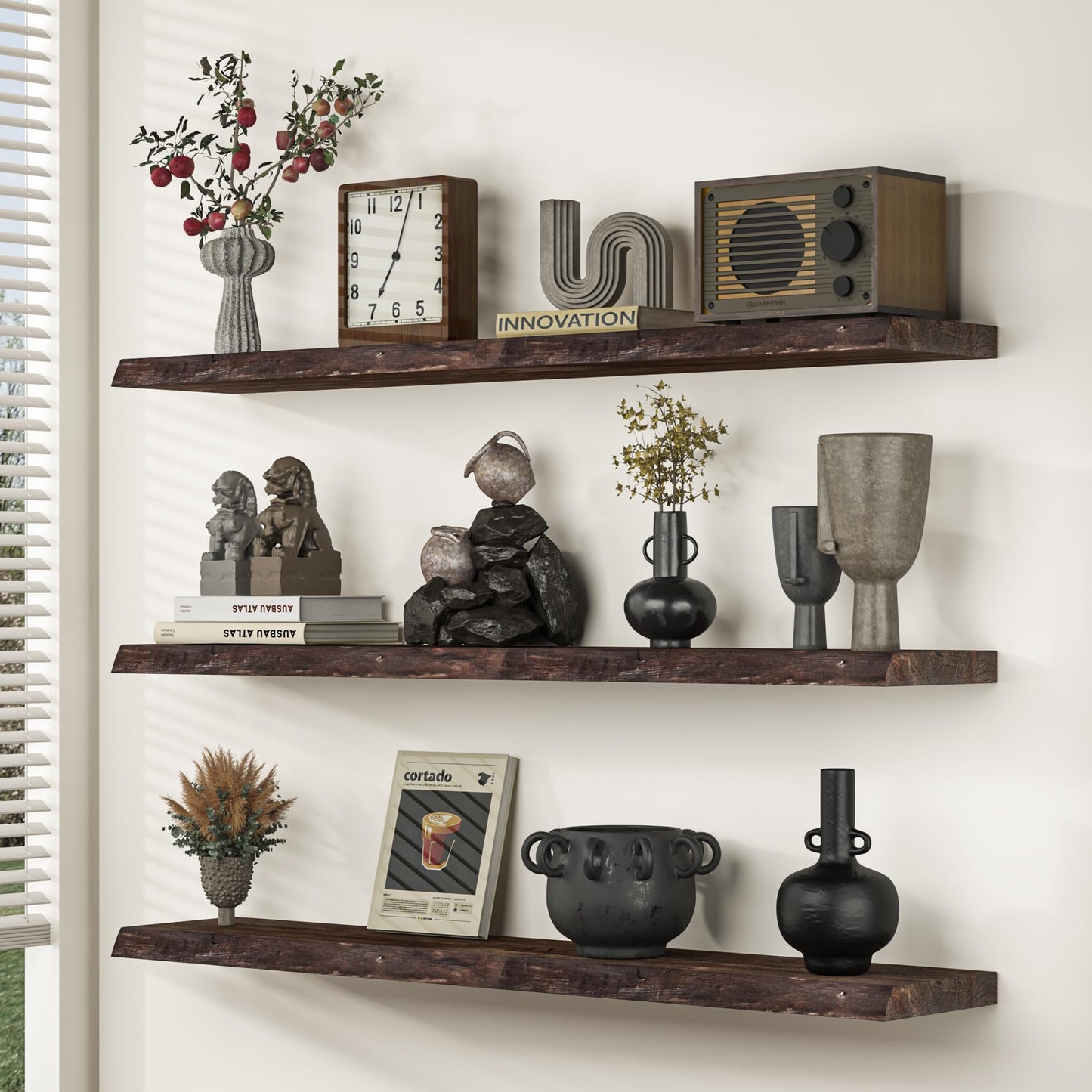 Floating Shelves for Wall, 72"x9.3" Rustic Solid Live-Edge Elm Wood Wall Shelves, Heavy-Duty Floating Shelves with Invisible Brackets, Set of 2 for Living Room, Bedroom, and Kitchen, Walnut Finish