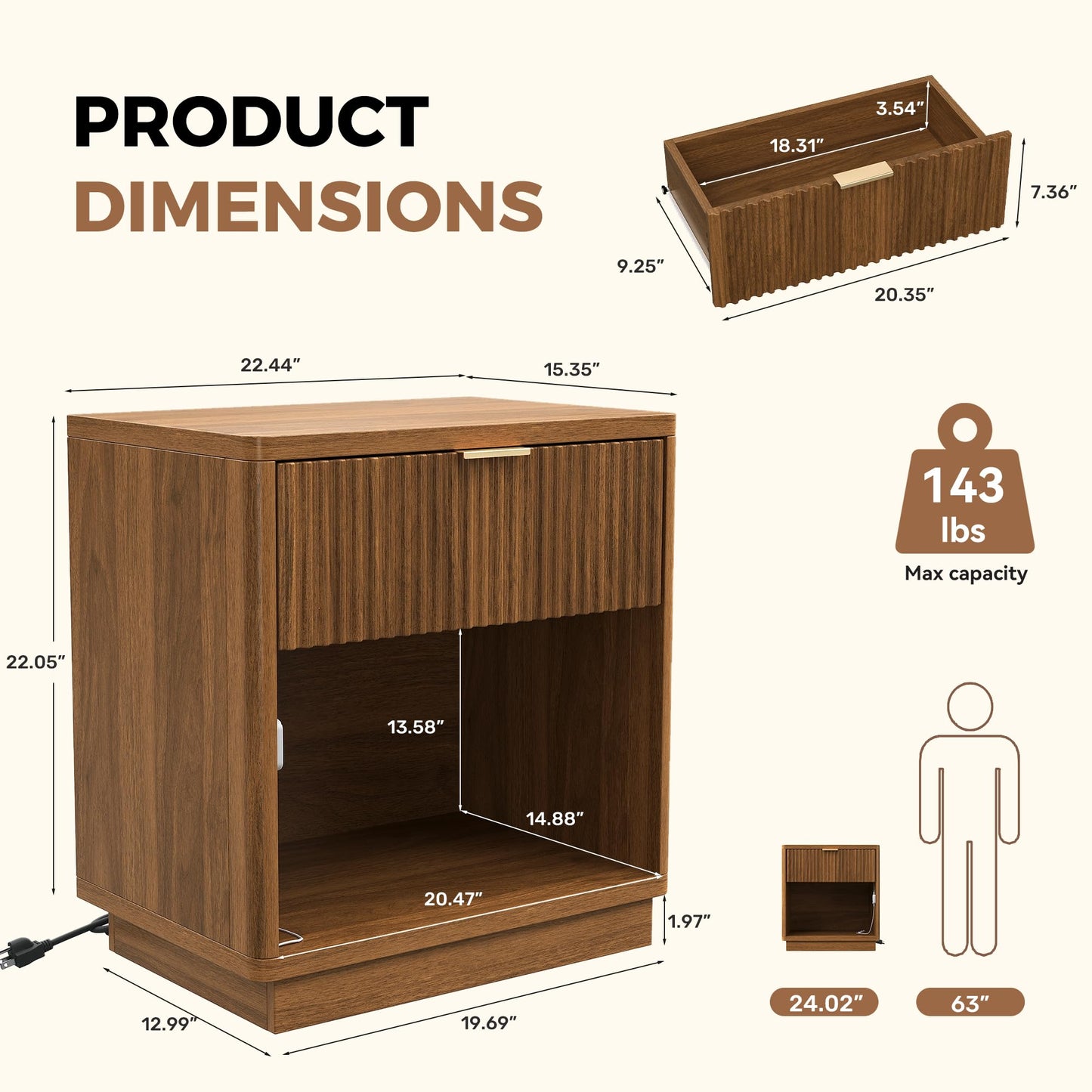 Miereirl Fluted Nightstand with Charging Station, Vintage Modern Night Stands Storage Cabinet Wooden Bedside Table with Metal Handle Drawers, Walnut Oak