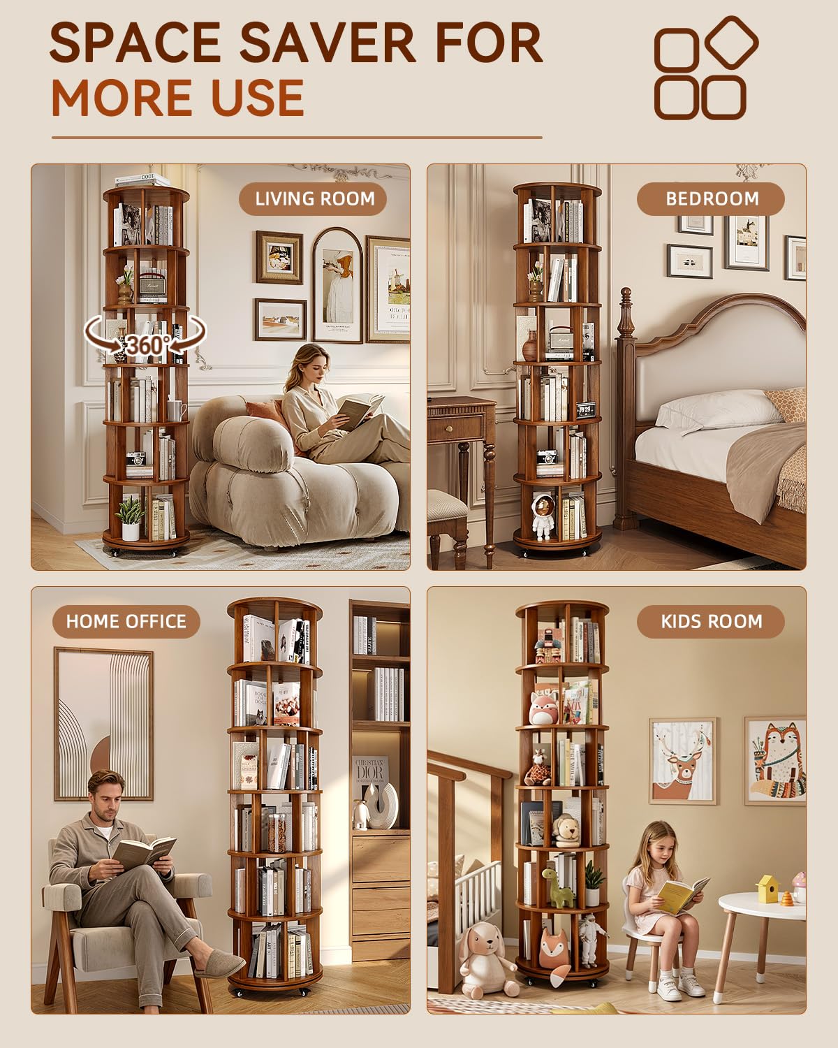 IUNVR Rotating Bookshelf, 6 Tier Solid Wood Bookshelf Tower with Lockable Wheels, 360° Spinning Revolving Bookcase for Small Spaces, Corners, Bedroom, Kids Room, Home Office, Walnut