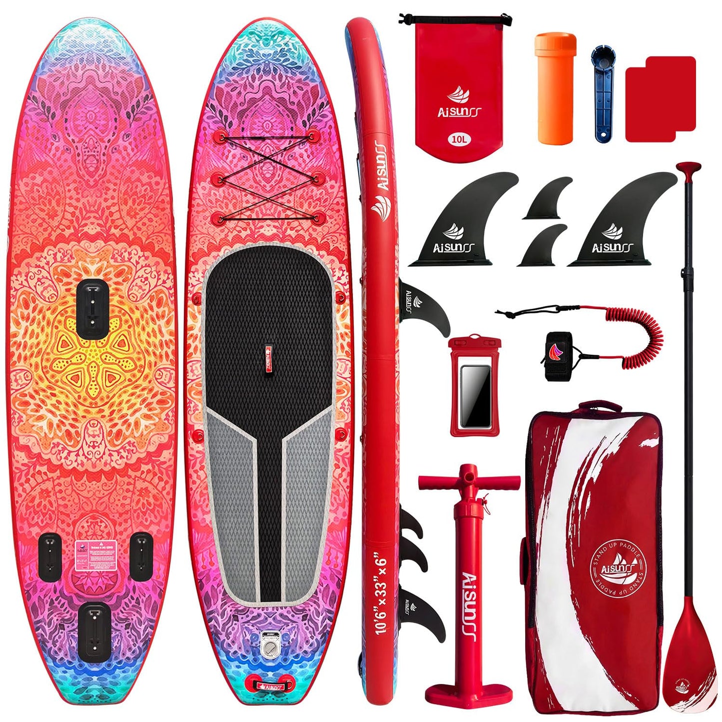 AISUNSS SUP Board 10.6Ft All Around Board Premium iSUP, Yoga Board with SUP Accessories Include Non-Slip mat, Waterproof Phone Bag, Double Action Pump, Adjustable Aluminum Paddle (Red Meditation)