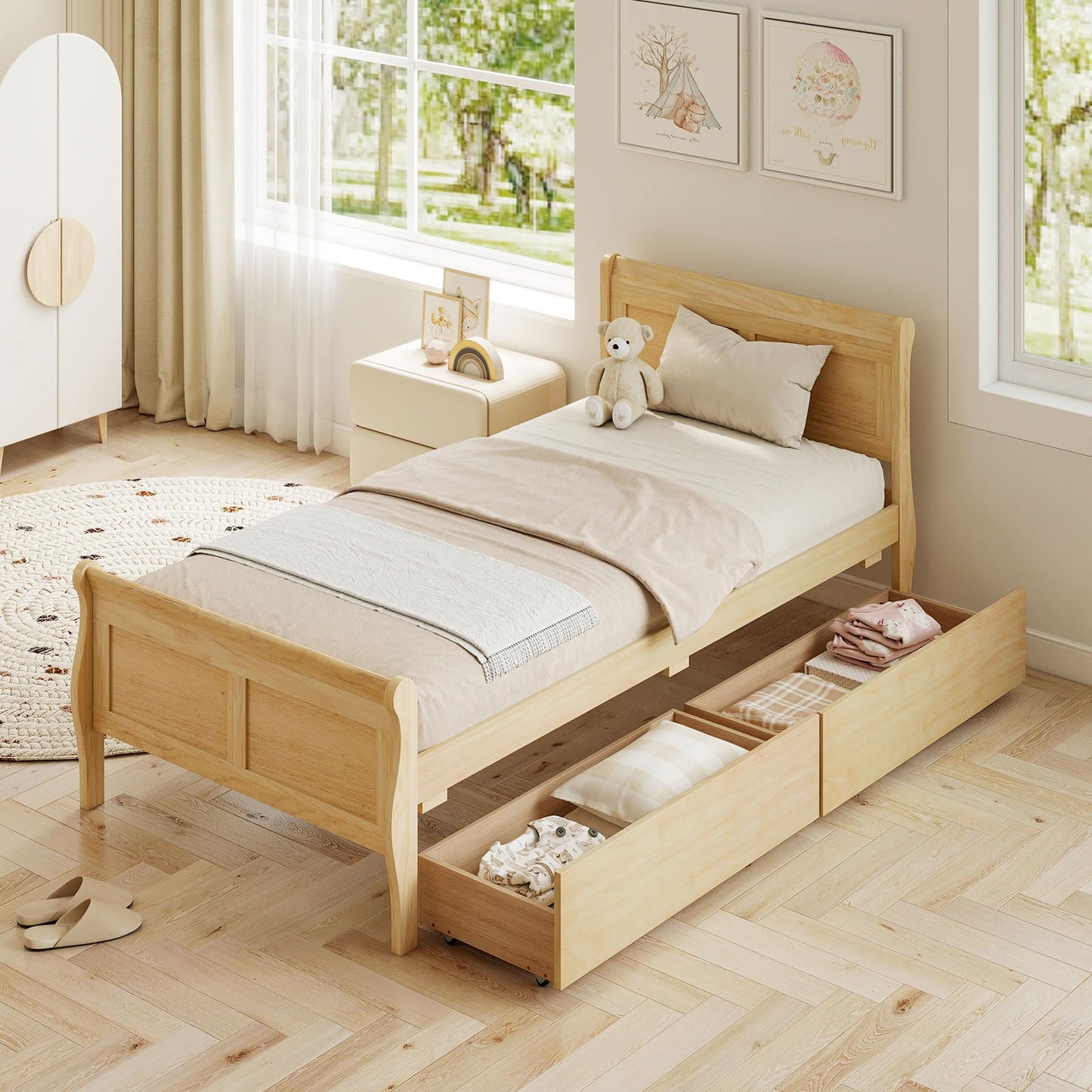KOMFOTT Twin Size Bed Frame with 2 Storage Drawers, Wood Platform Bed with Headboard & Footboard, Twin Storage Bed with Wooden Slats Support for Kids, Teens, Adults, No Box Spring Needed, Natural