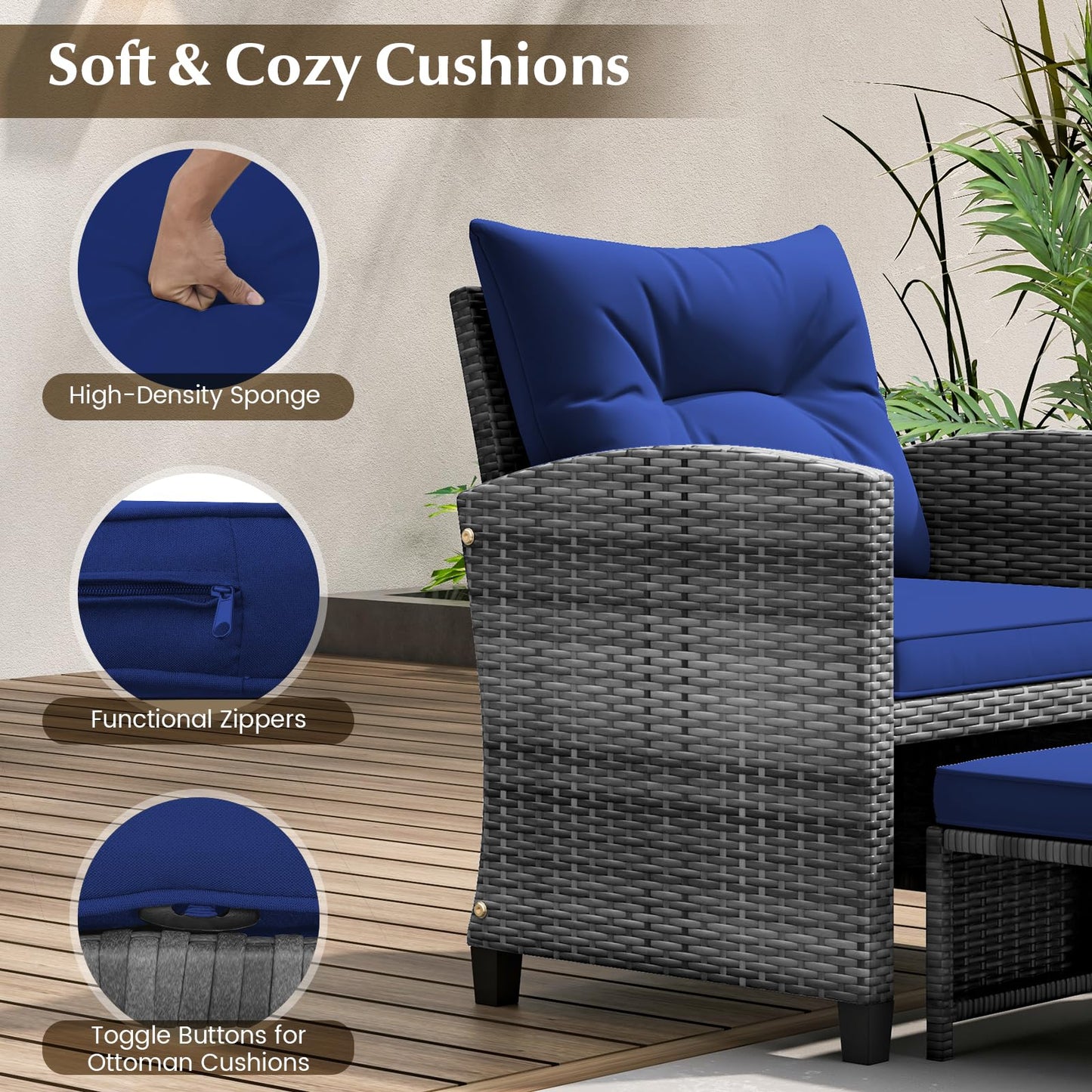 COSTWAY 5-Piece Rattan Conversation Set, Outdoor Wicker Sofa, Tempered Glass Coffee Table & Ottomans for Small Space, Boho Chic Indoor/Outdoor Furniture Set for Poolside, Backyard, Deck (Navy)