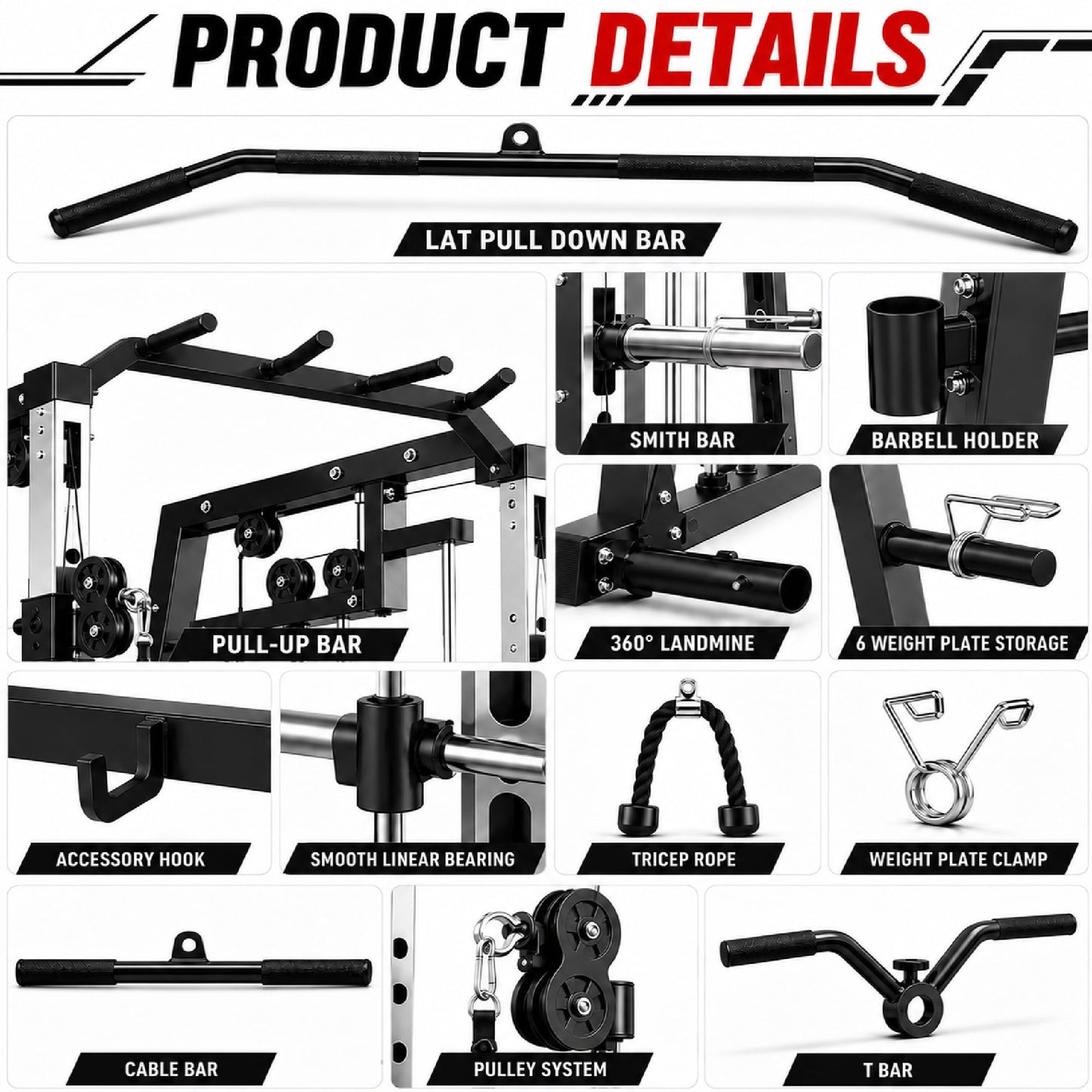 Smith Machine, 2000LBS Power Cage with Cable Crossover System, Squat Rack with Smith Bar, All-in-One Home Gym System, Dual Independent Pulley,LAT Pulldown,Pull-Up Bar, Landmine, J Hooks