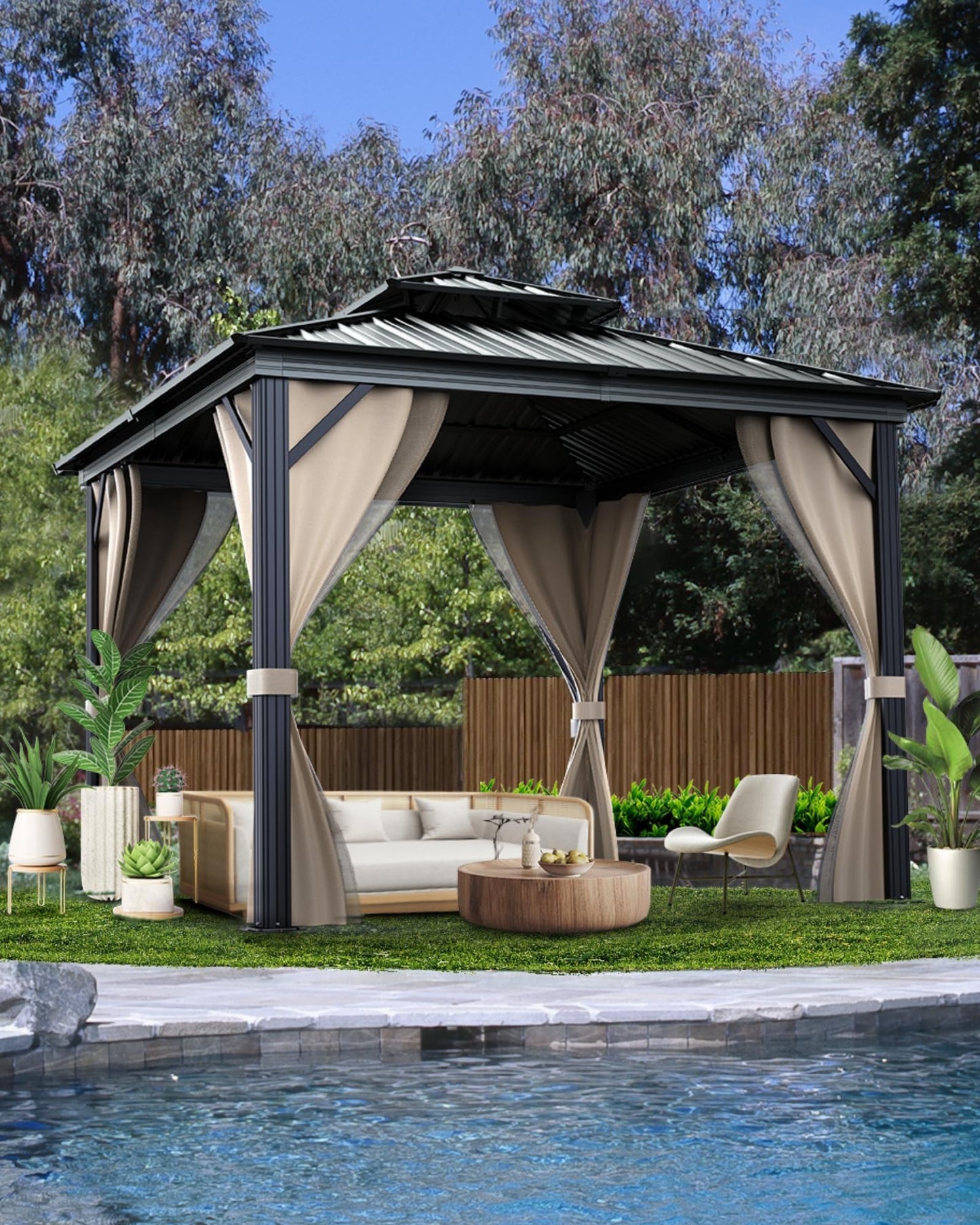 12x12FT Hardtop Gazebo, Heavy-Duty Aluminum Frame Canopy with Galvanized Steel Double Roof, Outdoor Pergola with Mosquito Netting & Waterproof Curtains for Patio, Backyard, Deck & Lawn