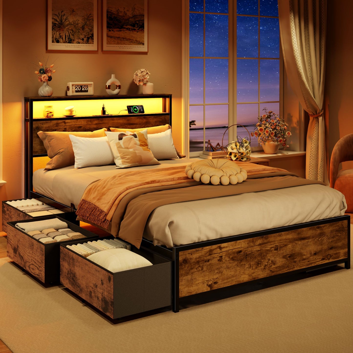 Forestell Full Size Bed Frame with Storage Headboard & 6 Drawers,Sturdy Platform Bed Frame Full with Charging Station,LED Lights,2-Tier Wood Shelf Industrial Bedframe-Noise Free/No Box Spring Needed
