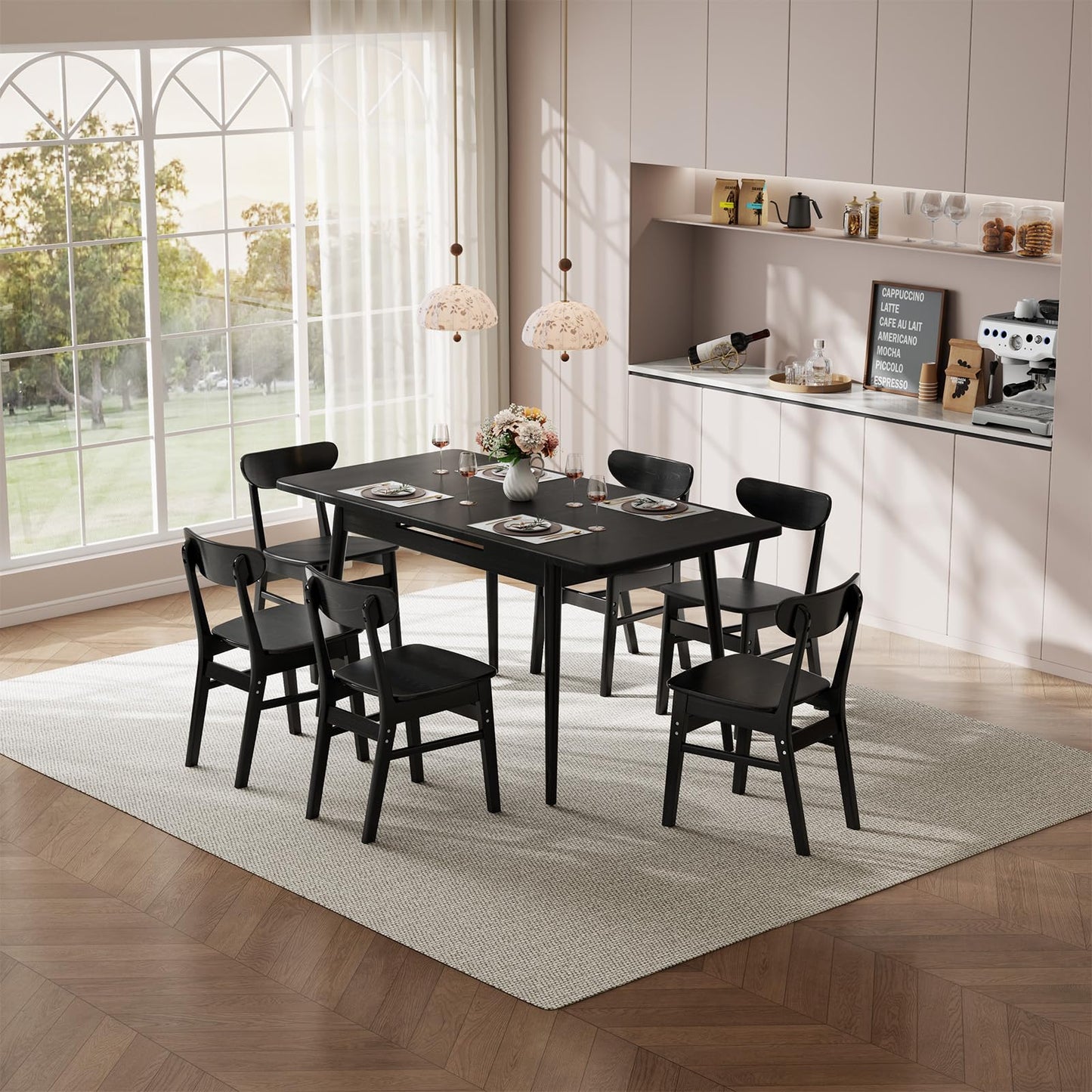 Muwuele Solid Wood Extendable Dining Table for 4-8 People with Seamless Extension from 47.2 to 63 Inches, Easy Assembly, Expandable Tables for Small Spaces, Dining Room, Kitchen, Living Room, Black