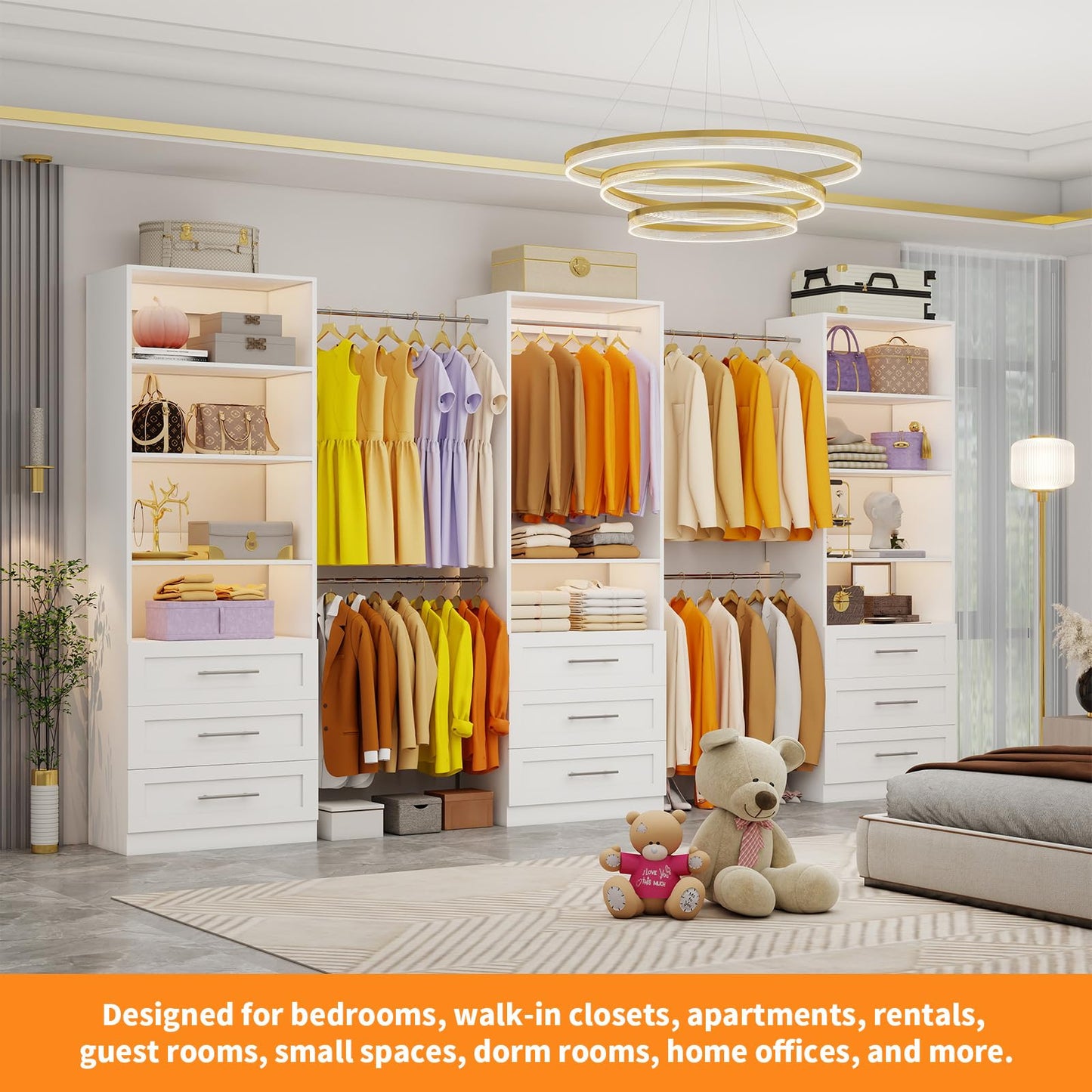 Closet System with 3 Sets, 6–20 FT Closet System with 9 Drawers, 9 Shelves & 7 Adjustable Hanging Rods, Max 244.3" Closet Organizer Systems for Walk-in Closets, Modular Custom Closet Tower, White