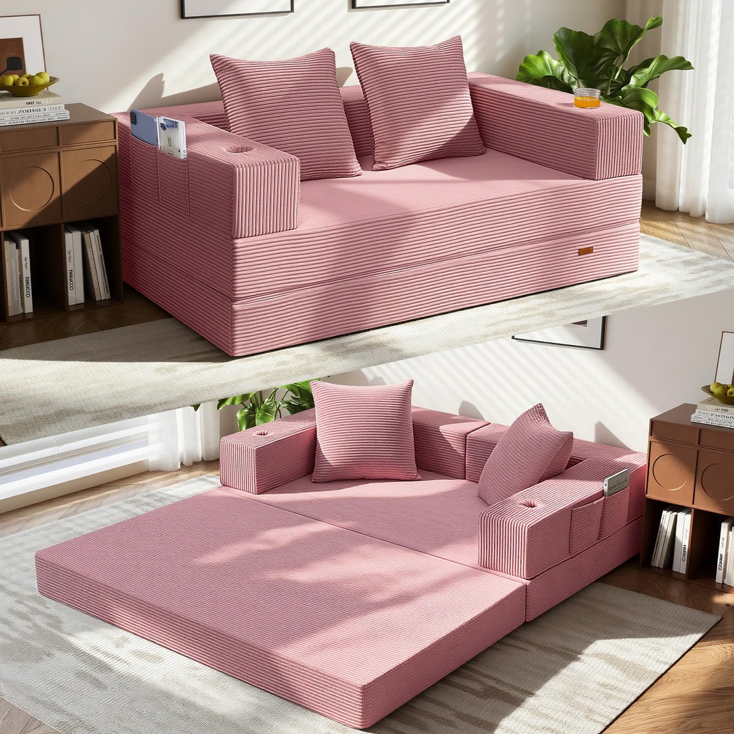 COMAX Futon Sofa Bed, 4‑in‑1 Convertible Sofa Bed, Folding Boneless Couches for Living Room, Fold Out Small Foldable Loveseat Floor Sleeper Comfy Mattress Lounge Space‑Saving, Pink