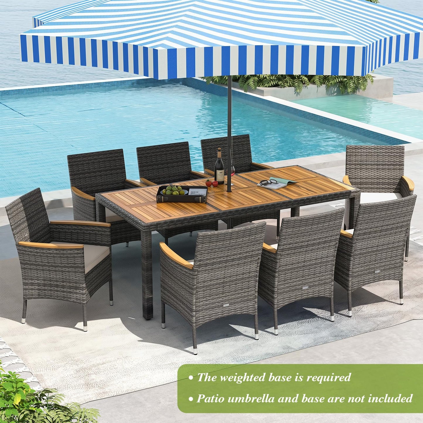 Tangkula 9 Pieces Outdoor Wicker Dining Set, Patio Dining Furniture Set with Acacia Wood Table and 8 Armchairs, Outdoor Table and Chairs Set with 1.96” Umbrella Hole and Cushions