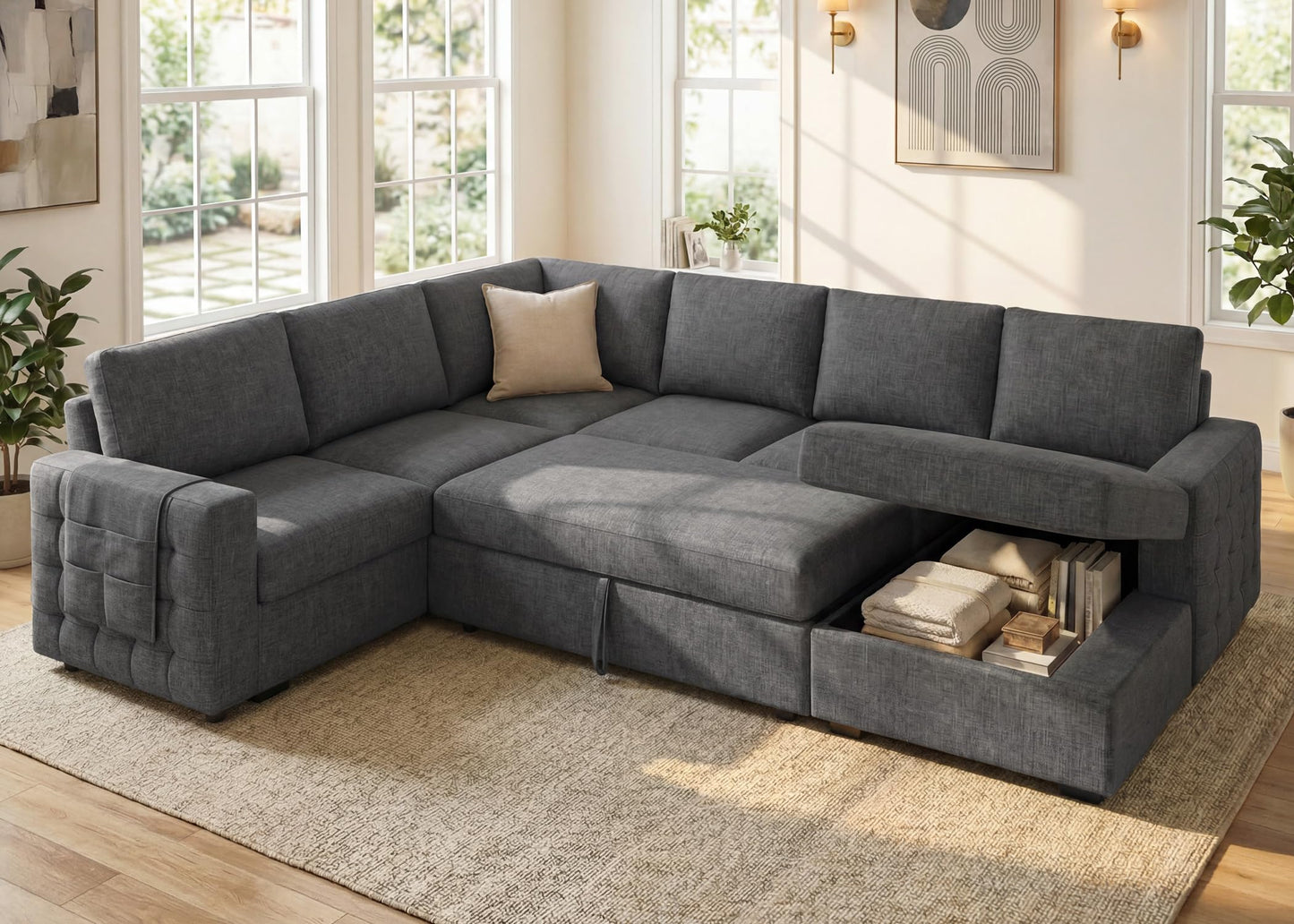 HONBAY Sectional Sleeper Sofa with Pull-Out Bed Storage Chaise, 6 Seaters Couch for Living Room, Light Grey